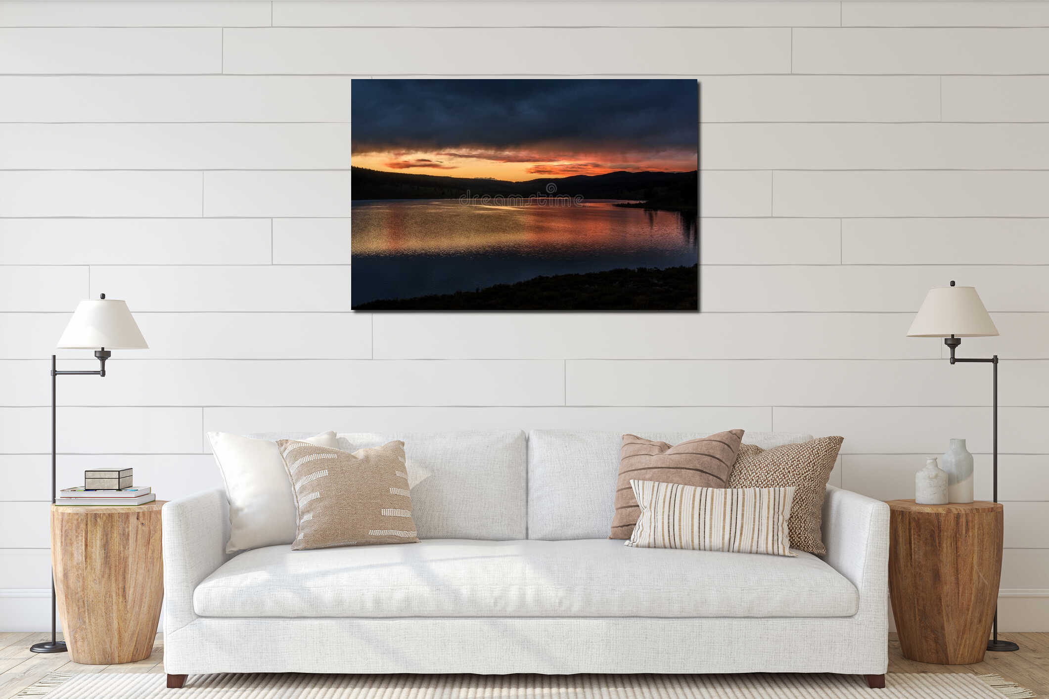 Sunset lake mountains clouds reflection interior mockup