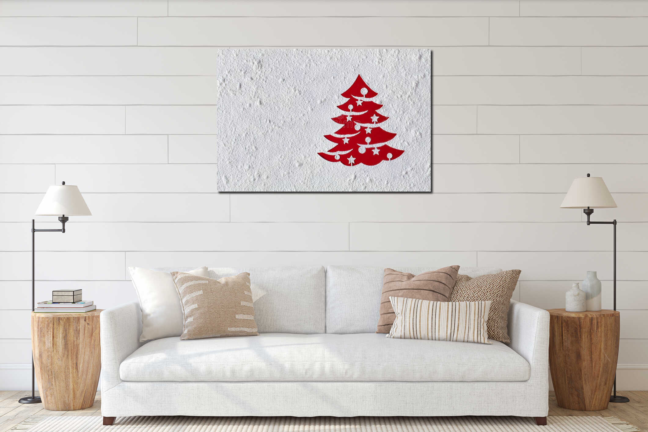 Christmas card with xmas tree drawing in flour, copy space interior mockup