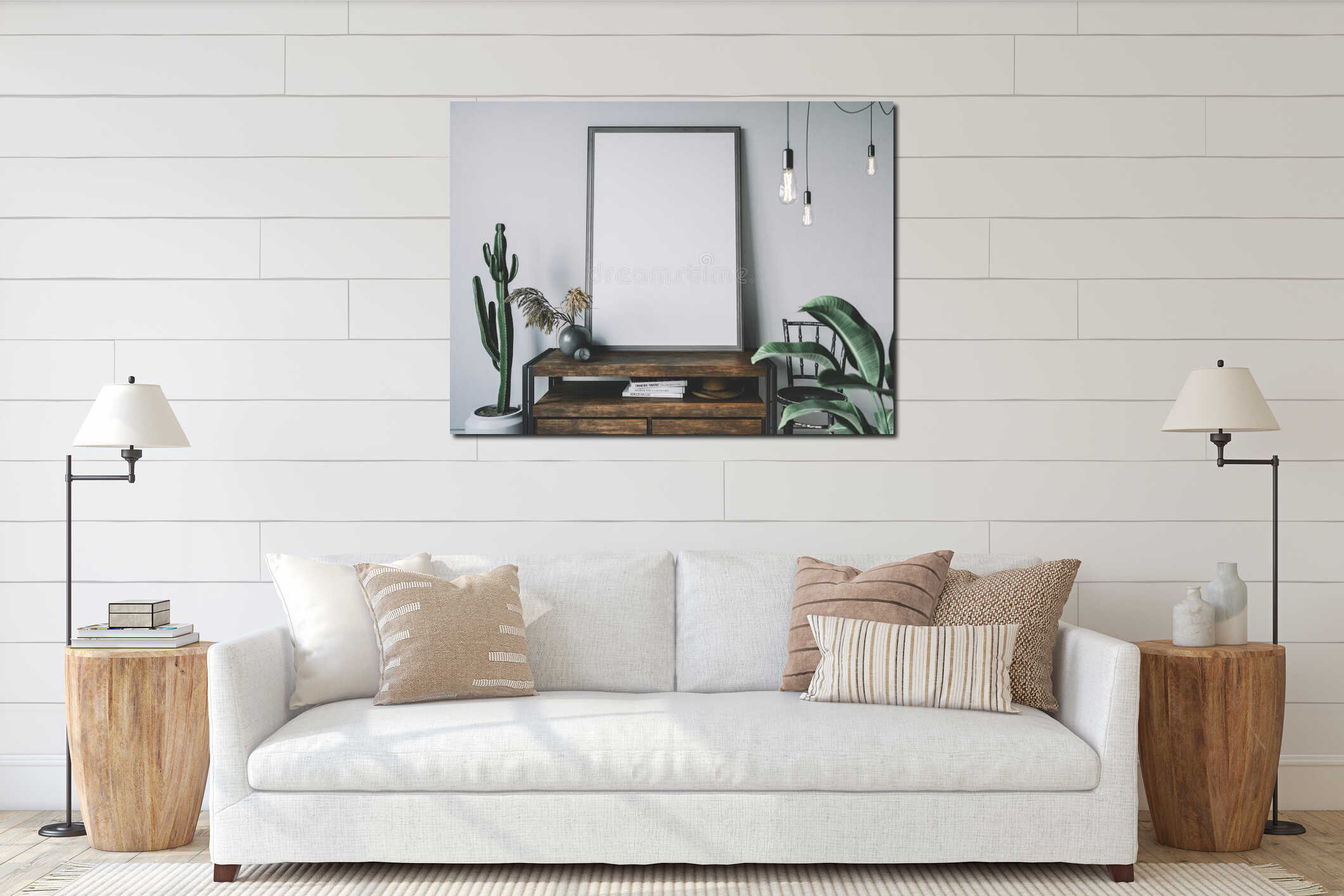 Empty poster frame in cozy interior. Frame mockup. interior mockup