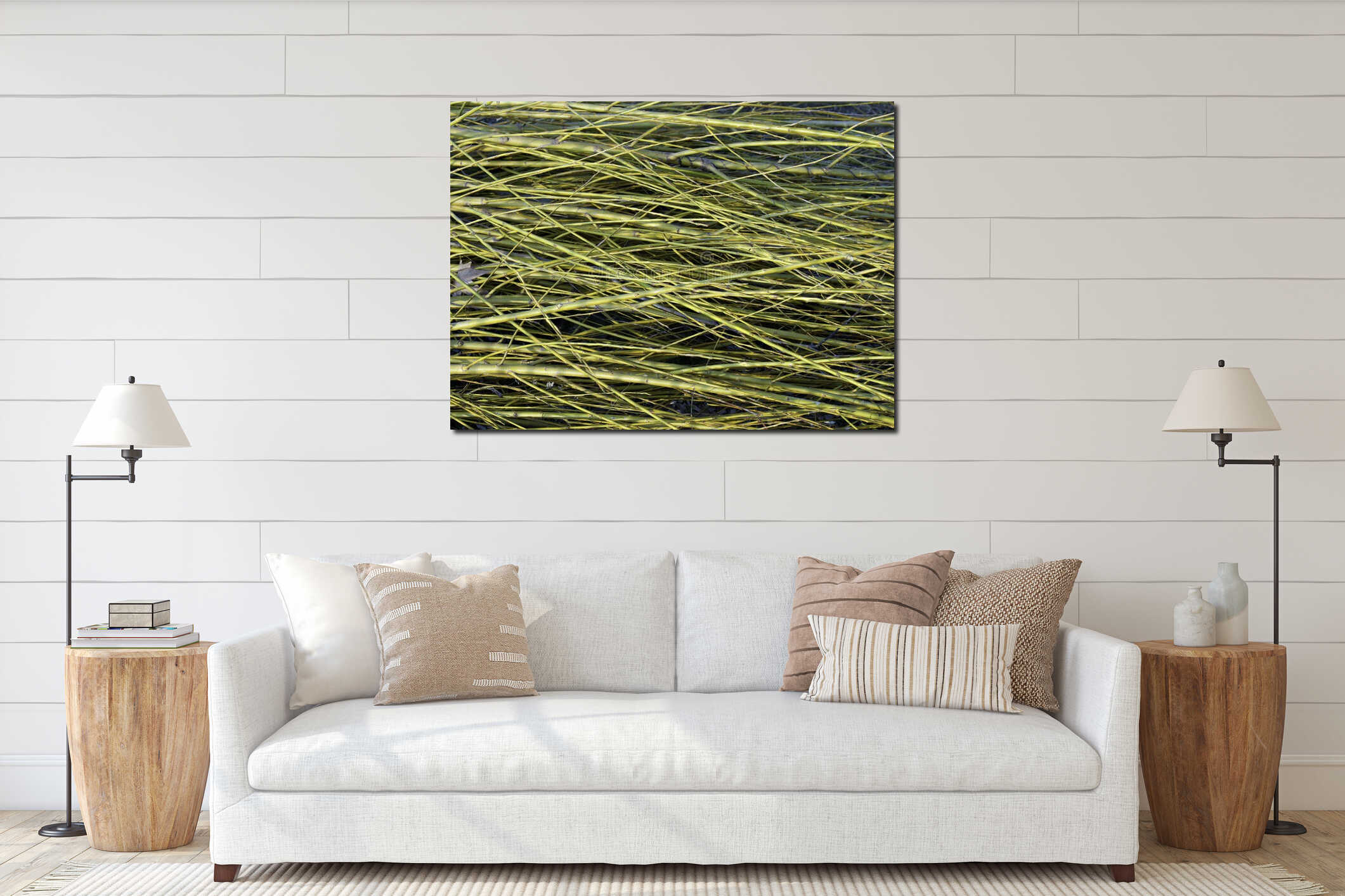 Bare willow branches in warm winter light interior mockup