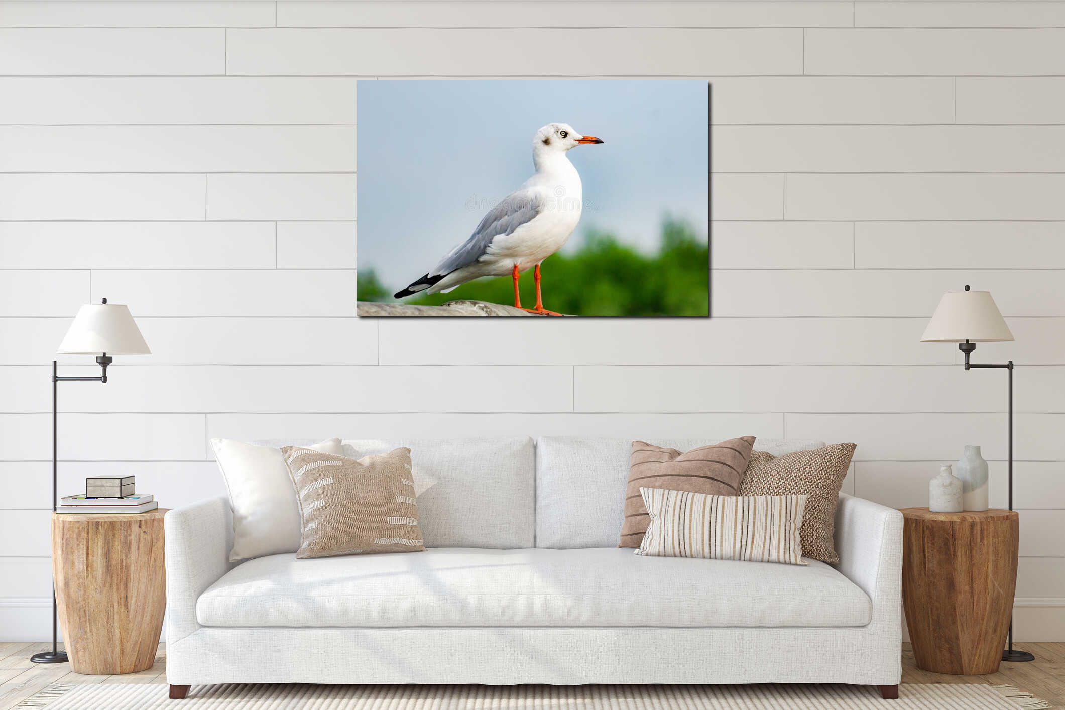 seagull standing on bridge, top view silhouette. Bird flies over the sea, Seagull hover over deep blue sea, Gull hunting down fish interior mockup