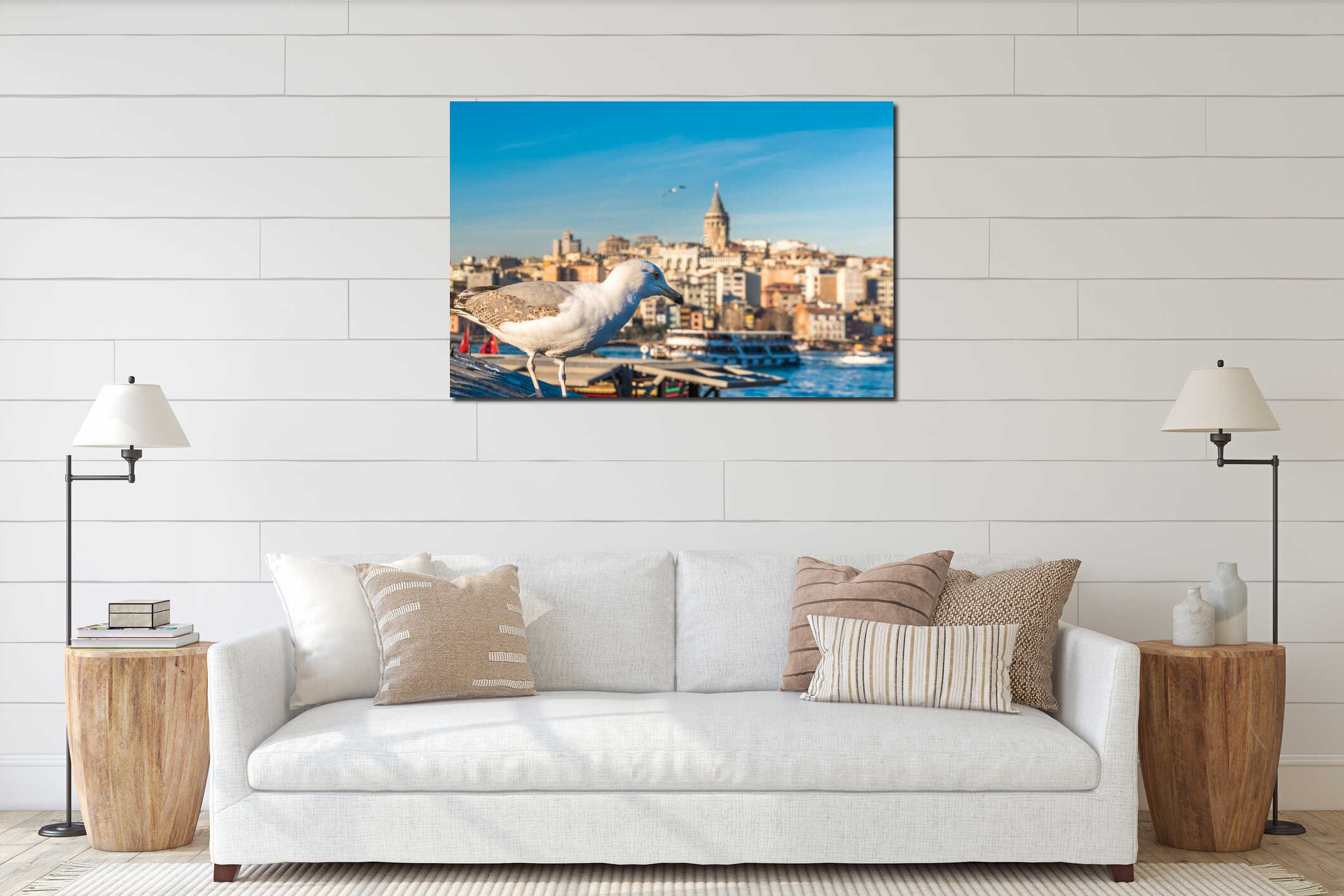View of famous Galata tower with seagull in Istanbul interior mockup