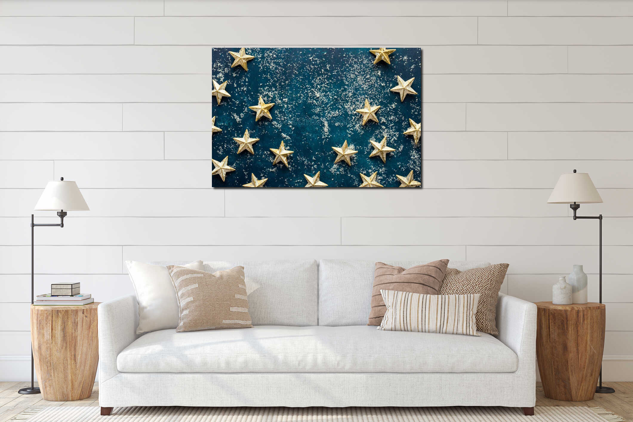 White golden stars on snowy dark blue background. Christmas New Year greeting card poster banner. Vintage retro style interior mockup