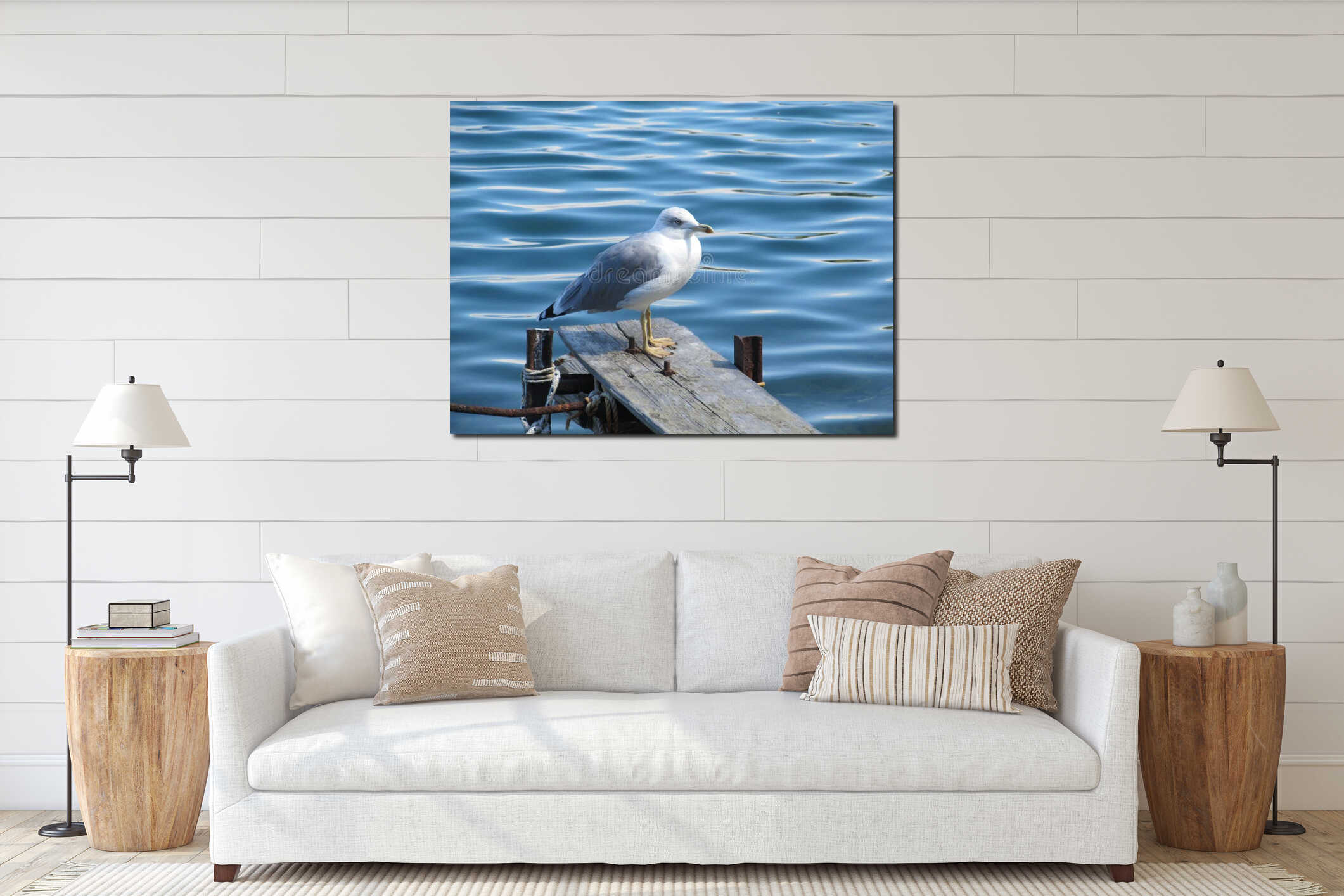 Close up view of white bird seagull sitting by the beach. Wild seagull with natural blue background interior mockup