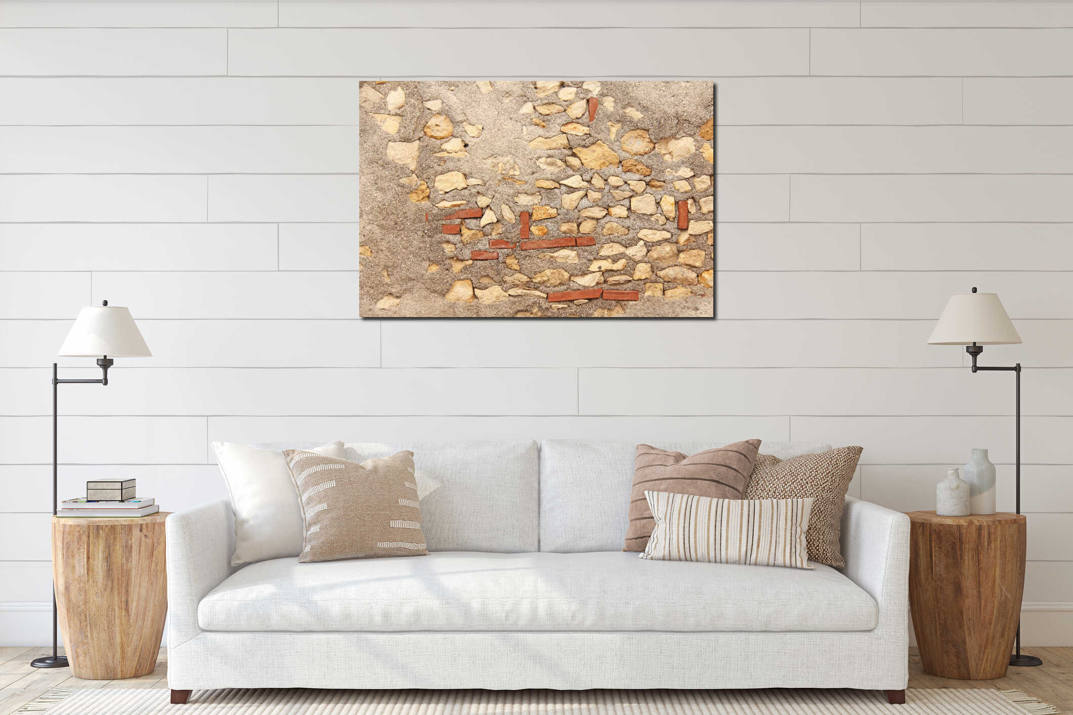 Background of brown, Beige and Gray Stones. The Old Wall of Stones. Ancient Ruins. Beige Background of Stones. Old Wall of Stones interior mockup