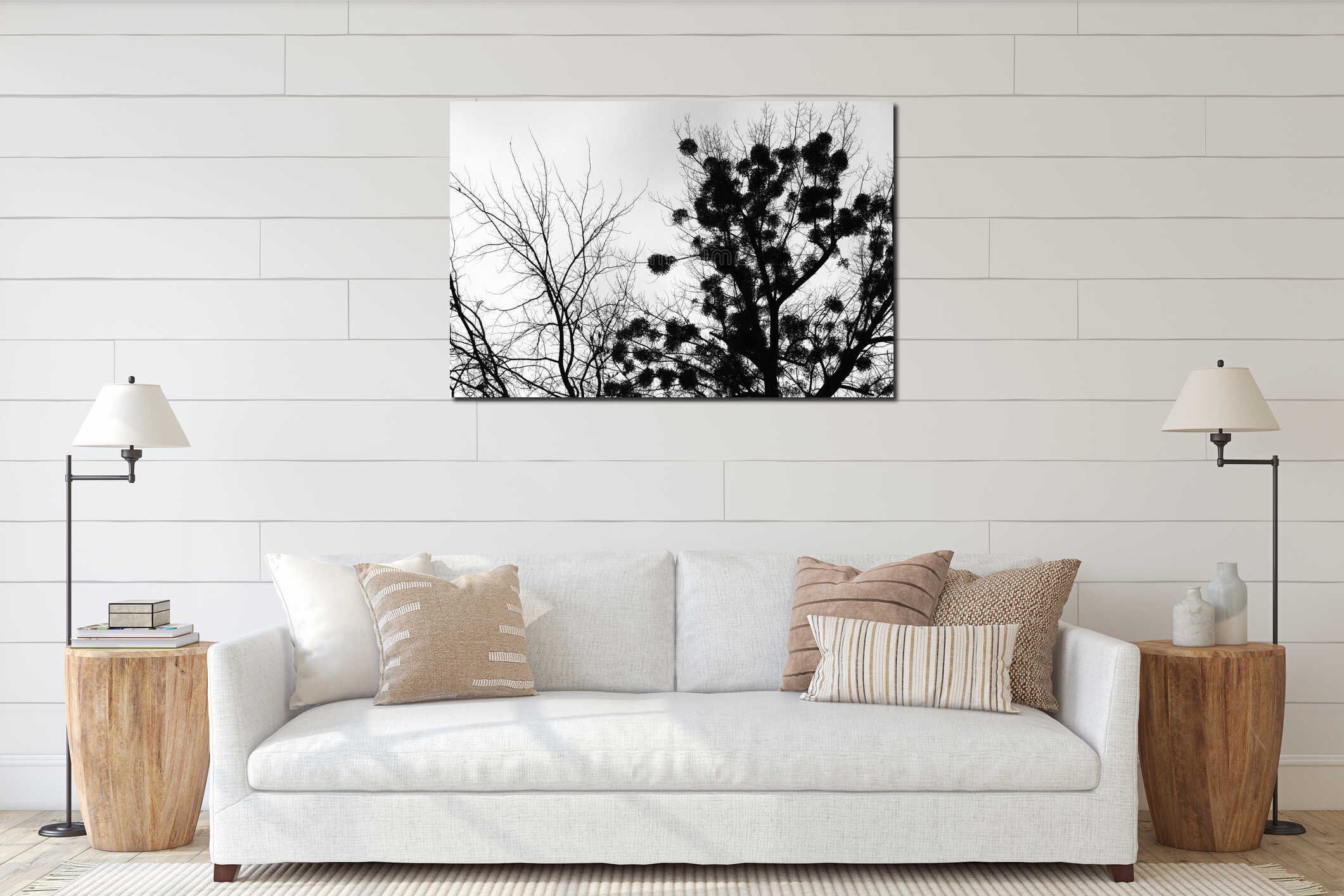 Silhouette branch tree with round leave with natural background interior mockup