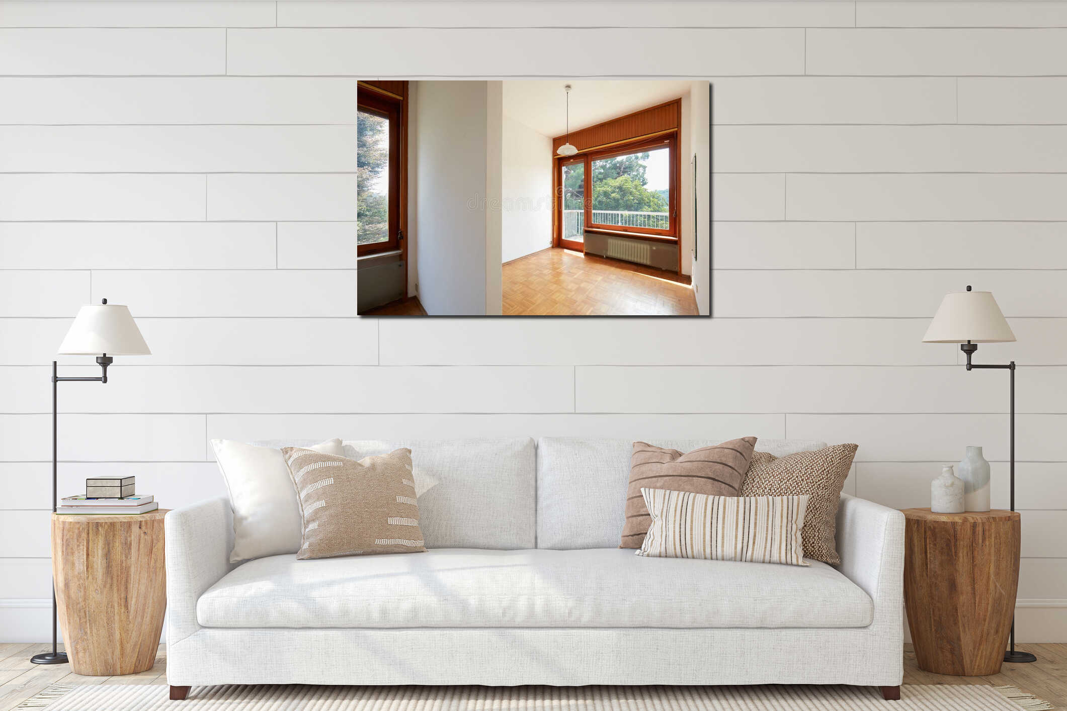 Empty room interior in country house in a sunny day interior mockup