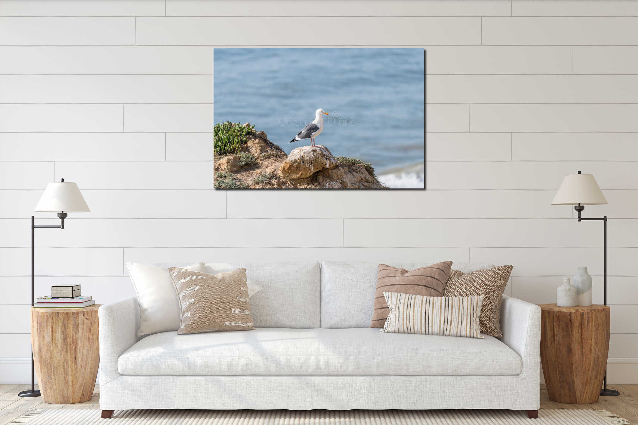 Seagull standing at the top of the rock at the El Matador State Beach in Malibu interior mockup
