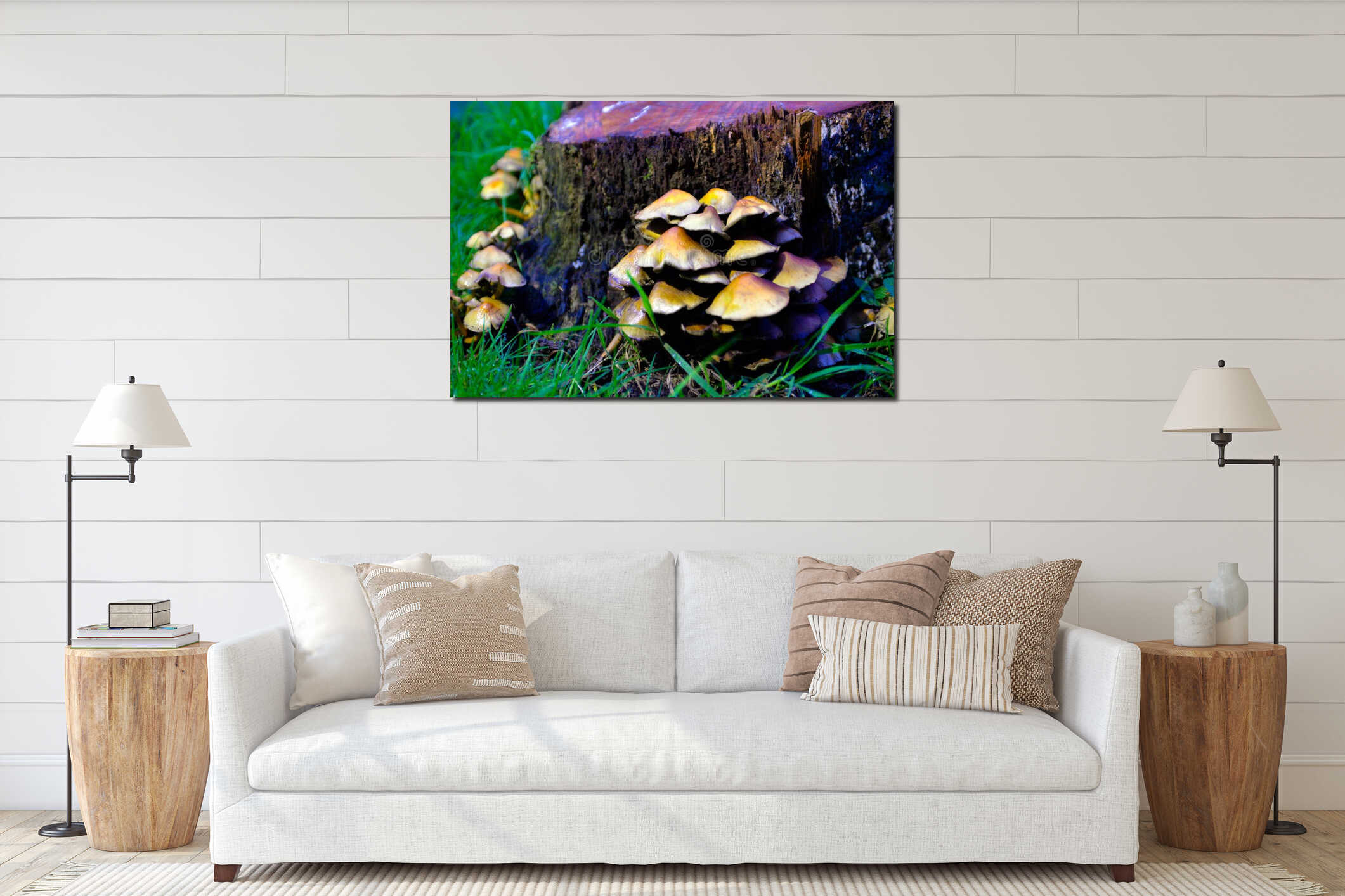 Yellow mushrooms Growing Wild, Log on Forest Ground, Seasonal Ingredients interior mockup