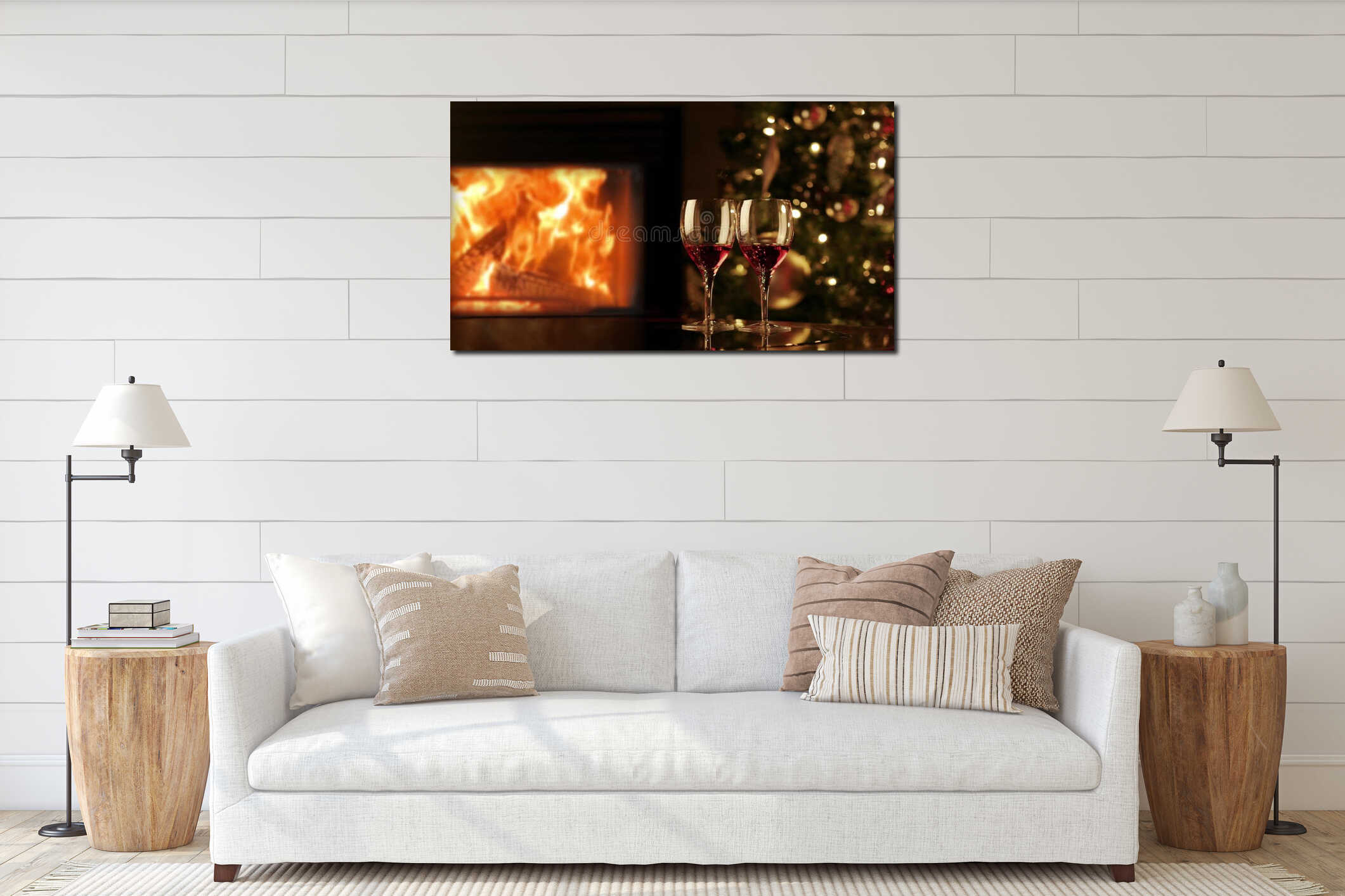Two glasses of red wine by fireplace. Cozy romantic evening near the fireplace interior mockup