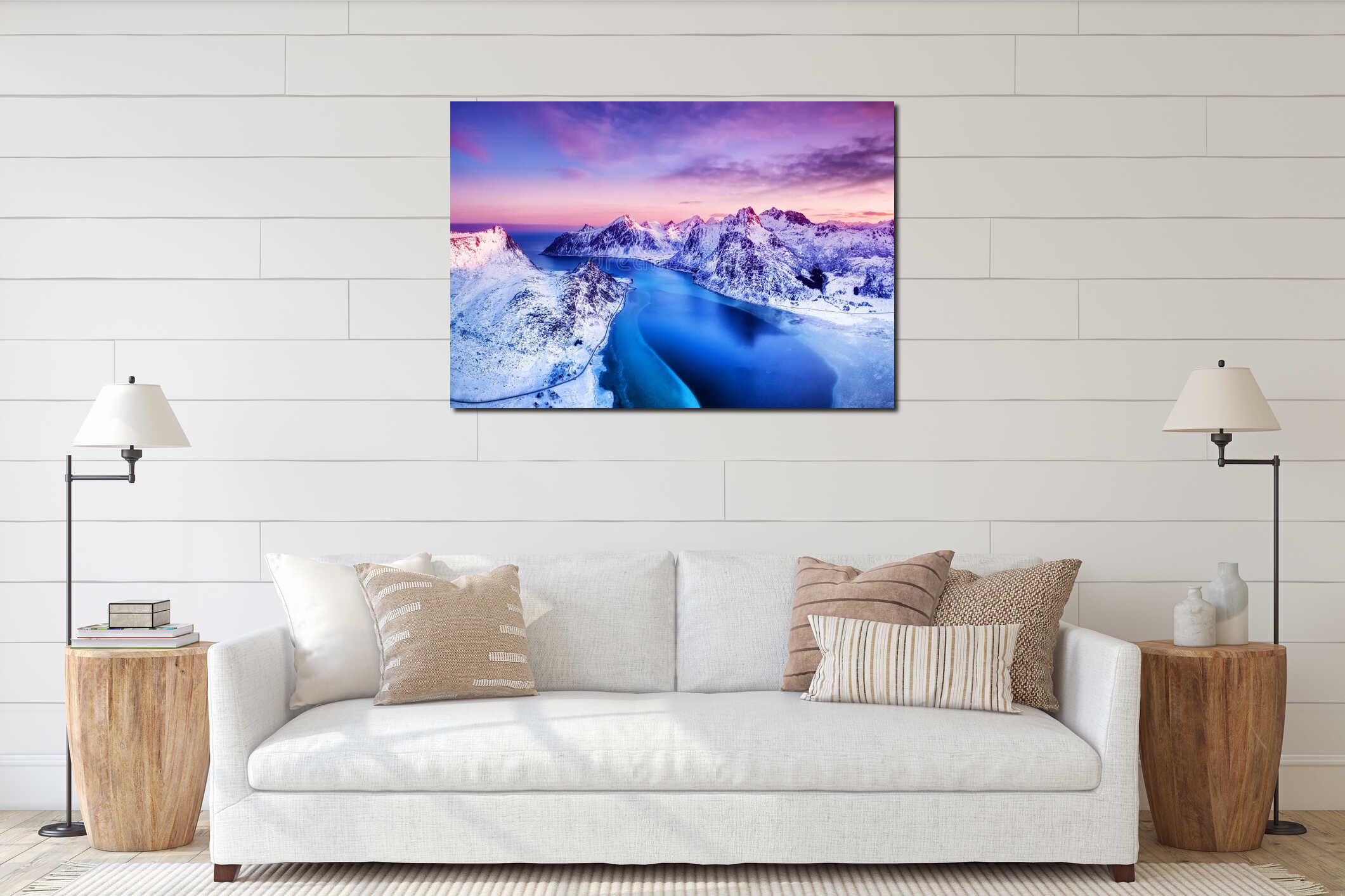 Aerial view at the Lofoten islands, Norway. Mountains and sea during sunset. interior mockup