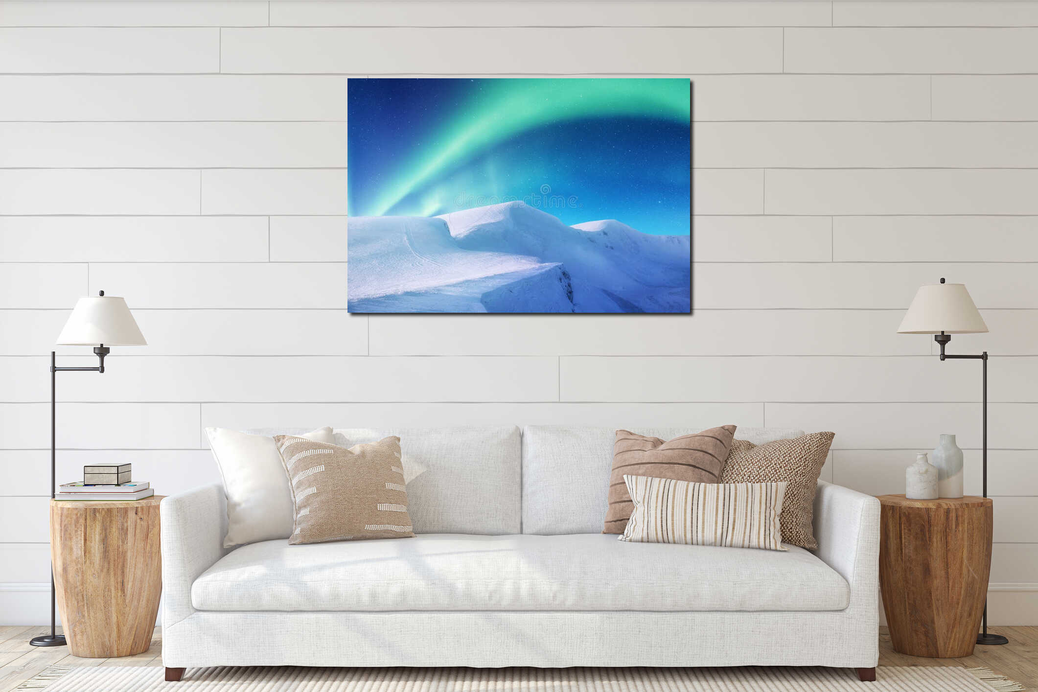 Aurora borealis on the Lofoten islands, Norway. Green northern lights above mountains. Night sky with polar lights. interior mockup
