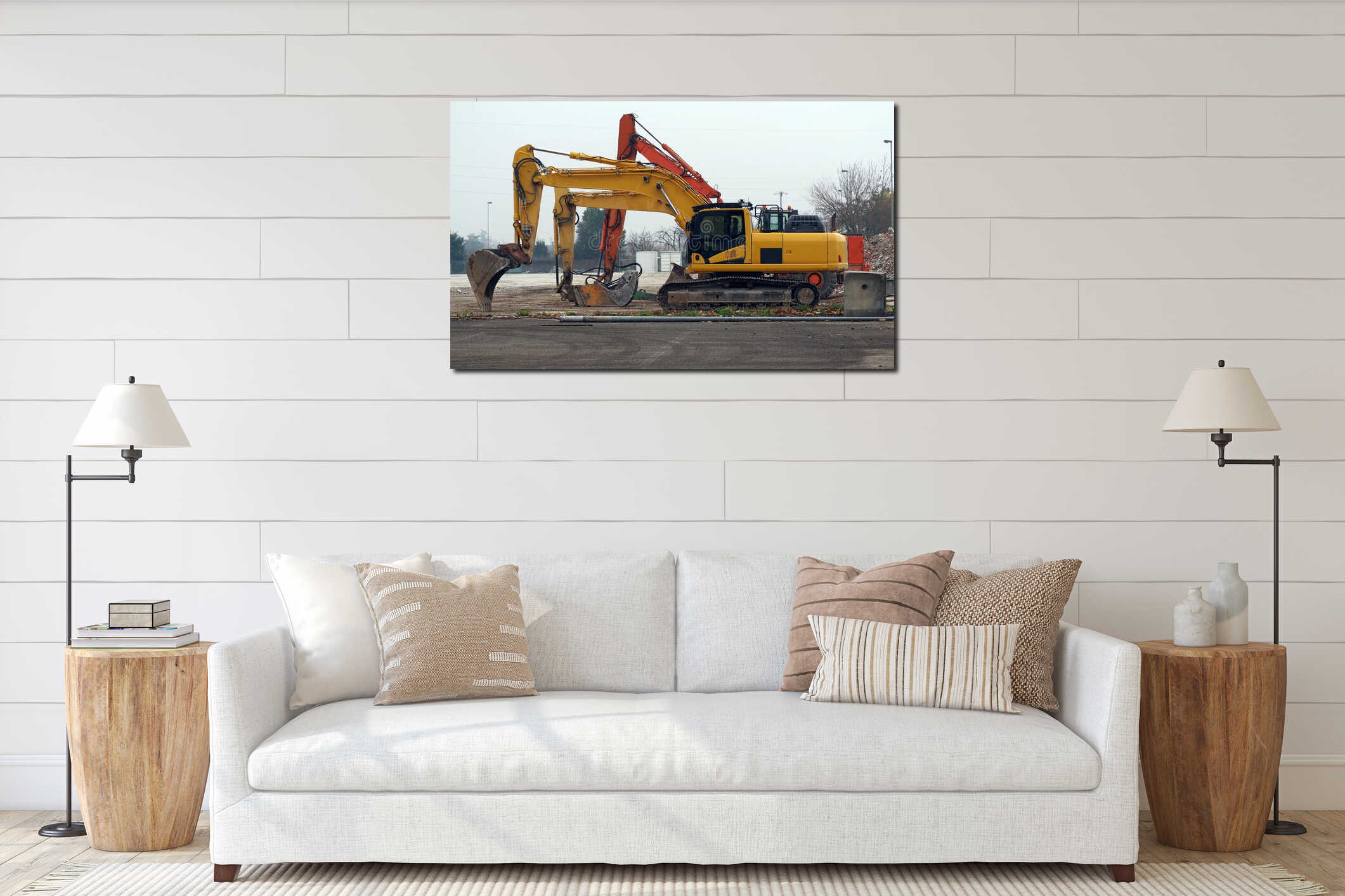 Three big excavator lined up in a foggy day at the construction site interior mockup