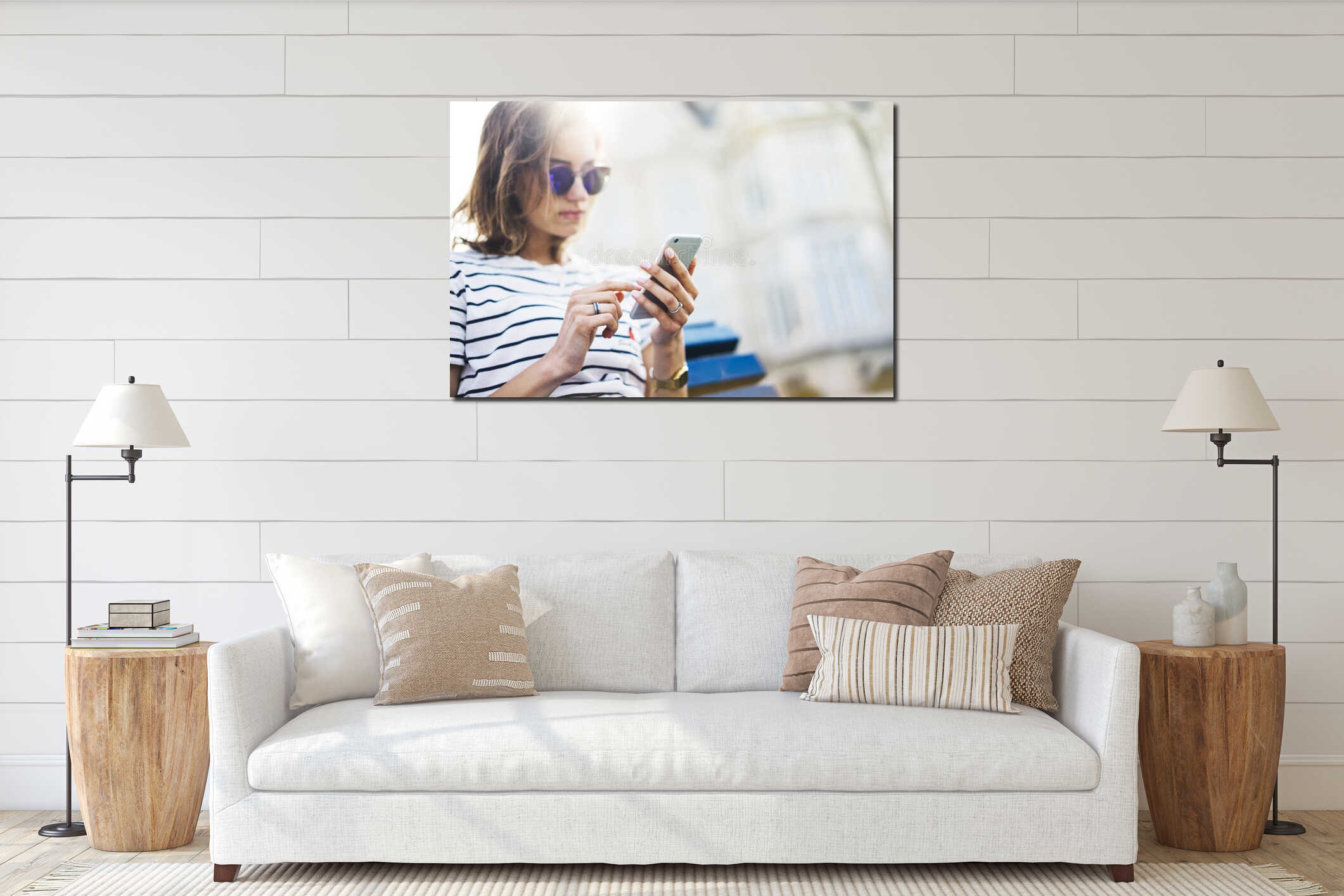 Hipster texting message on smartphone or technology, mockup of blank screen. Girl using cellphone on building castle background interior mockup