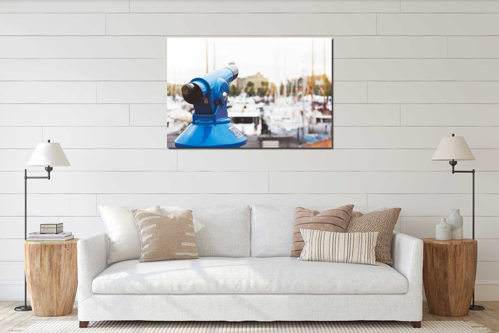 Touristic telescope look at the city with view of Barcelona Spain, close up old blue binoculars on background viewpoint the pier interior mockup