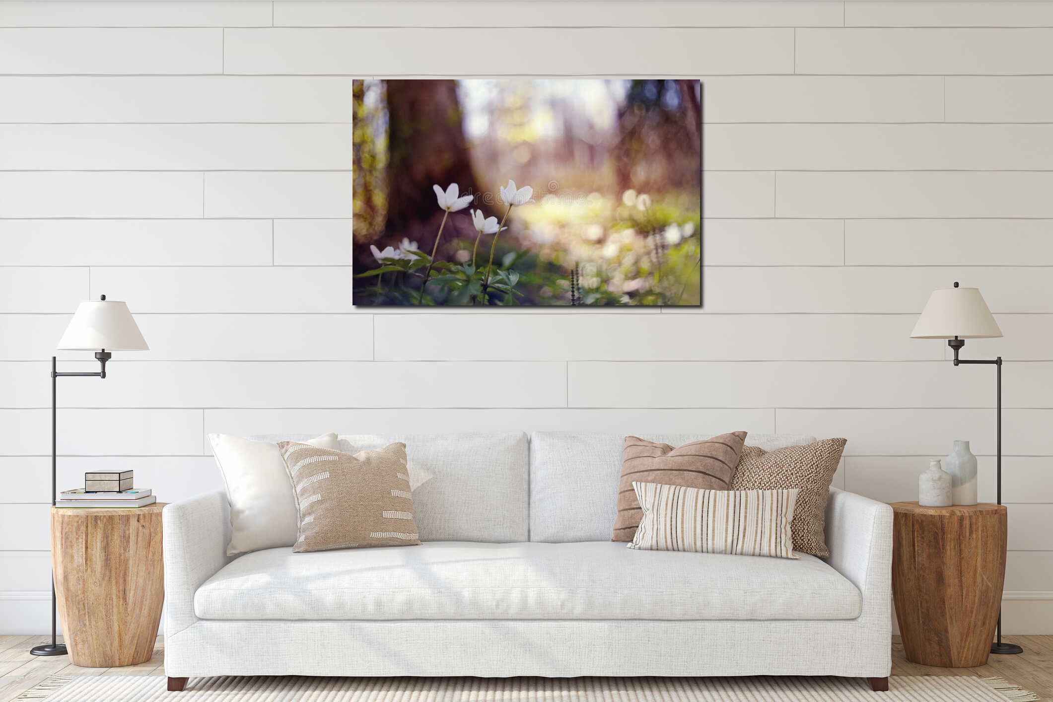 White wild forest flowers of an anemony interior mockup