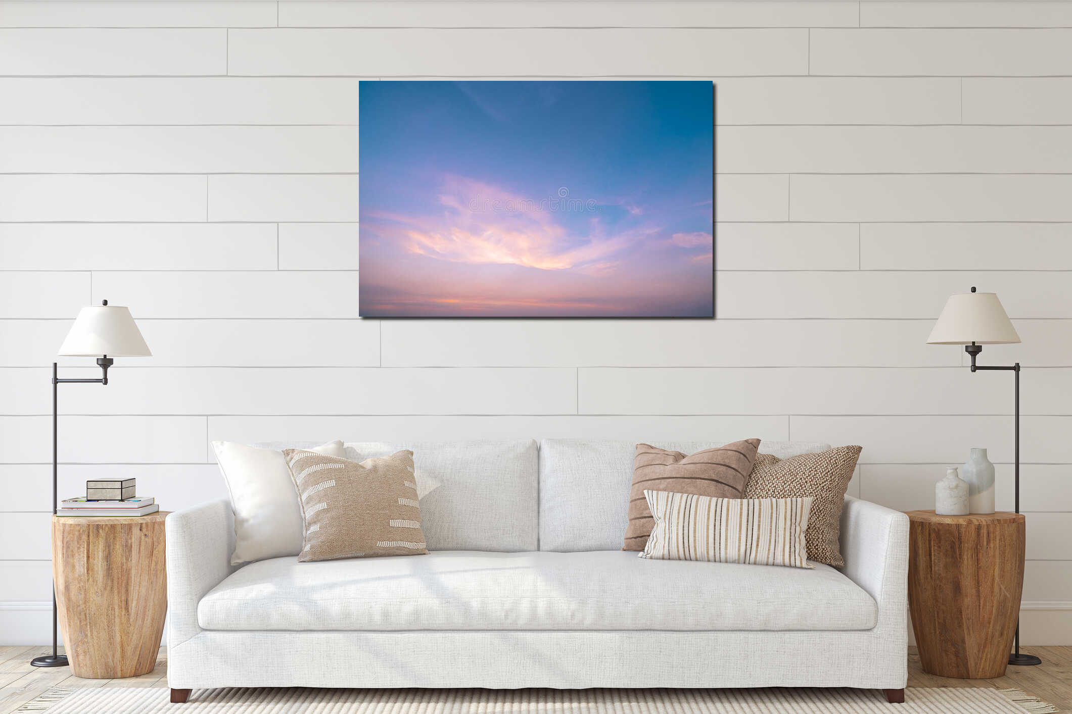 Dramatic pink and blue sky and clouds abstract background. Art picture of orange clouds texture. Beautiful sunset sky. Sunset sky interior mockup
