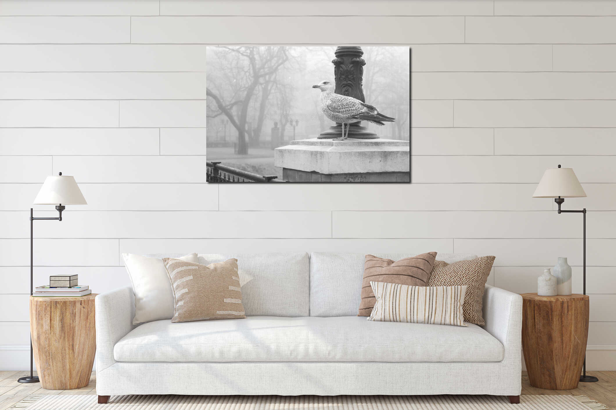 The seagull sits at the pillar interior mockup