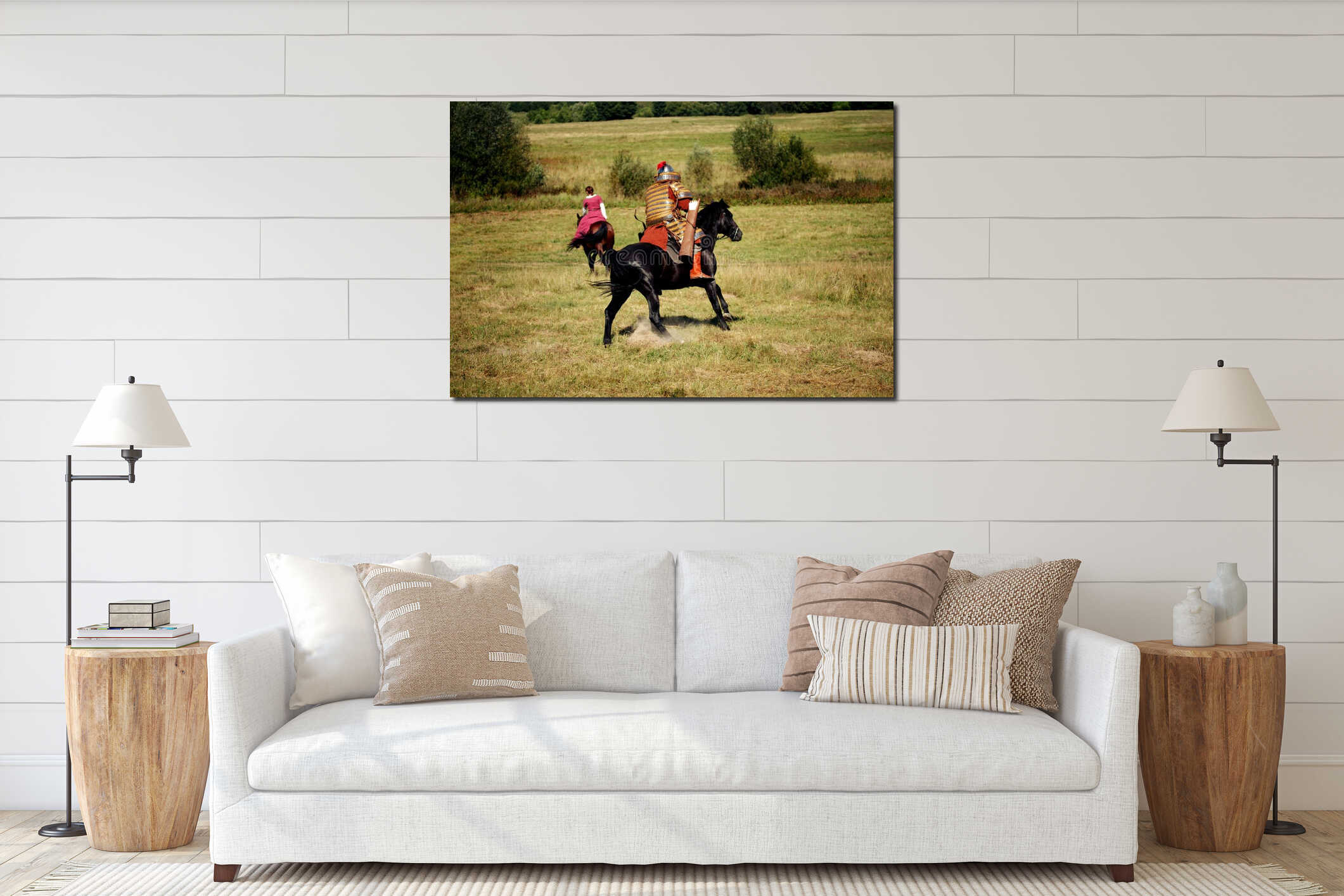 Medieval equestrian robber chases the horseback woman interior mockup