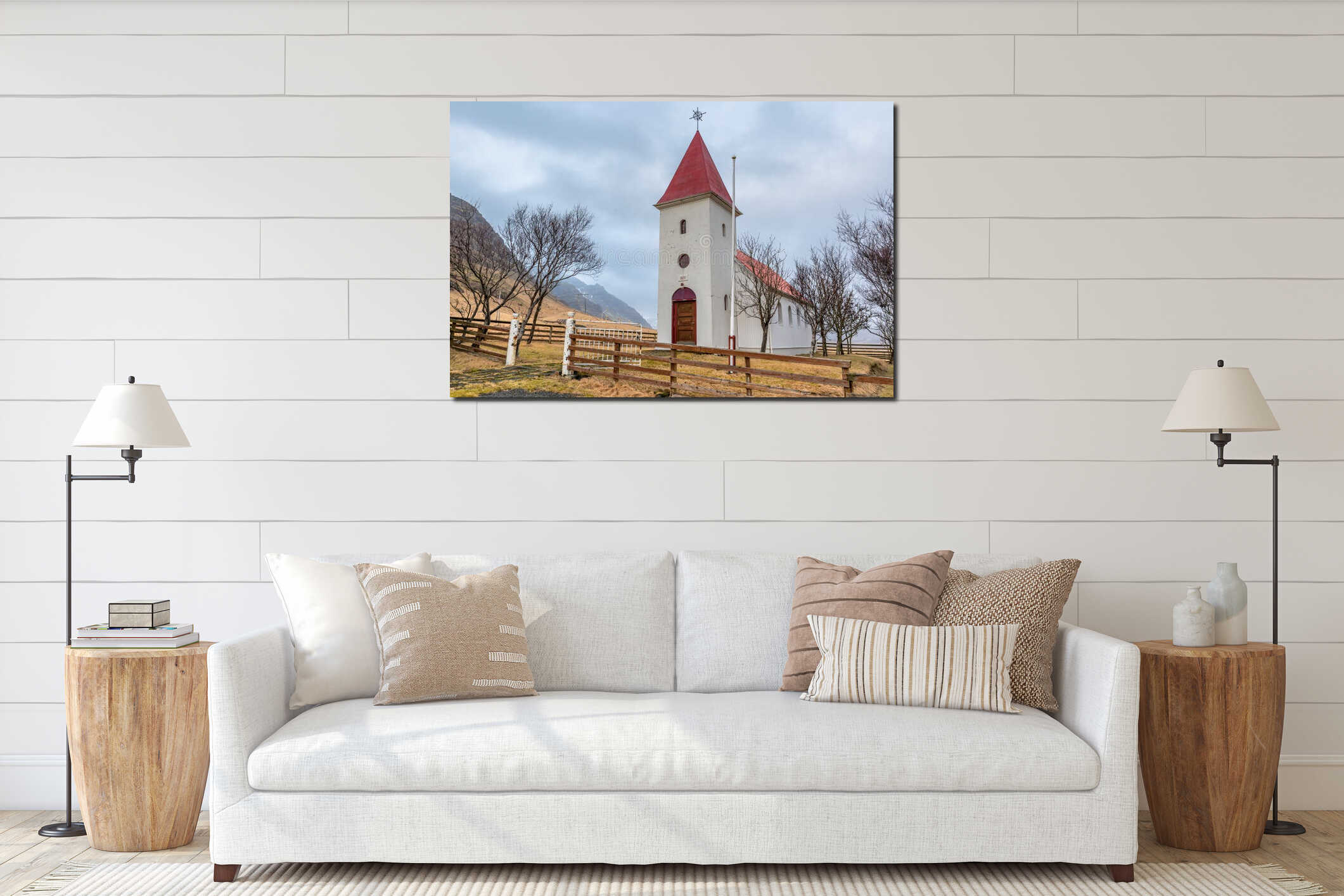 Historic Kalfafellsstadur Church in Iceland surrounded by trees and a mountain interior mockup