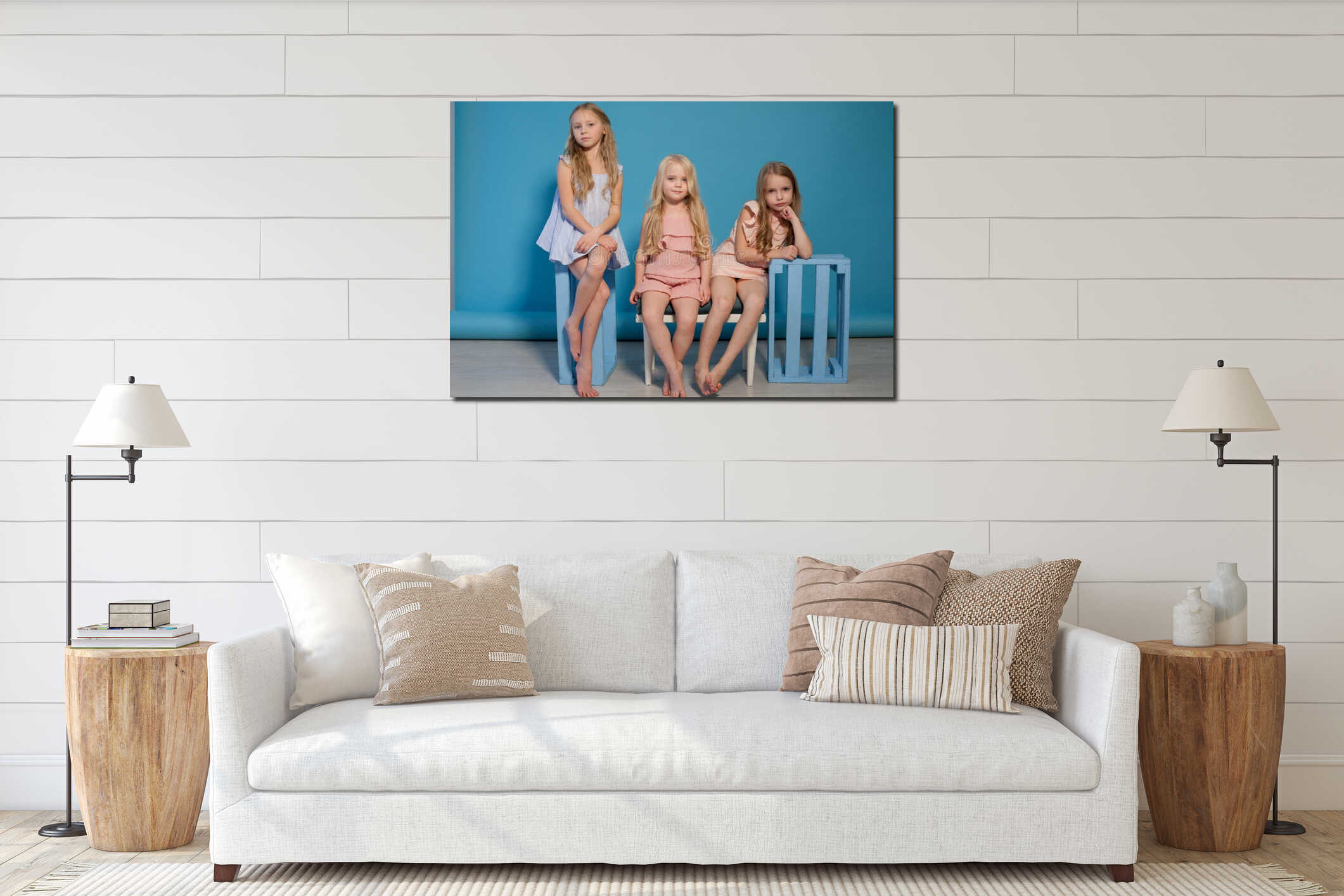 Three little girls girlfriend sit together portrait interior mockup