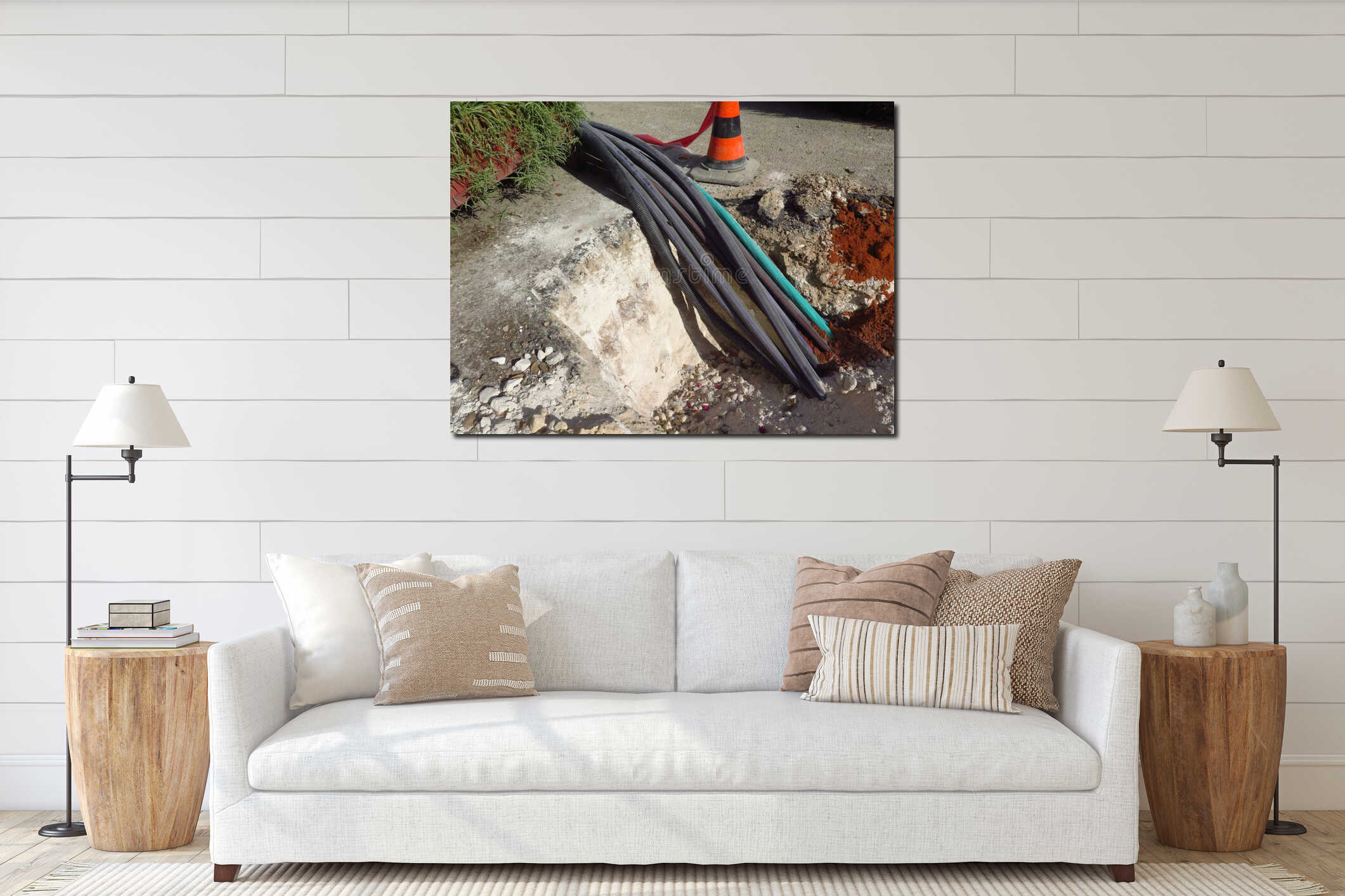 A big cable drum at the construction site. interior mockup