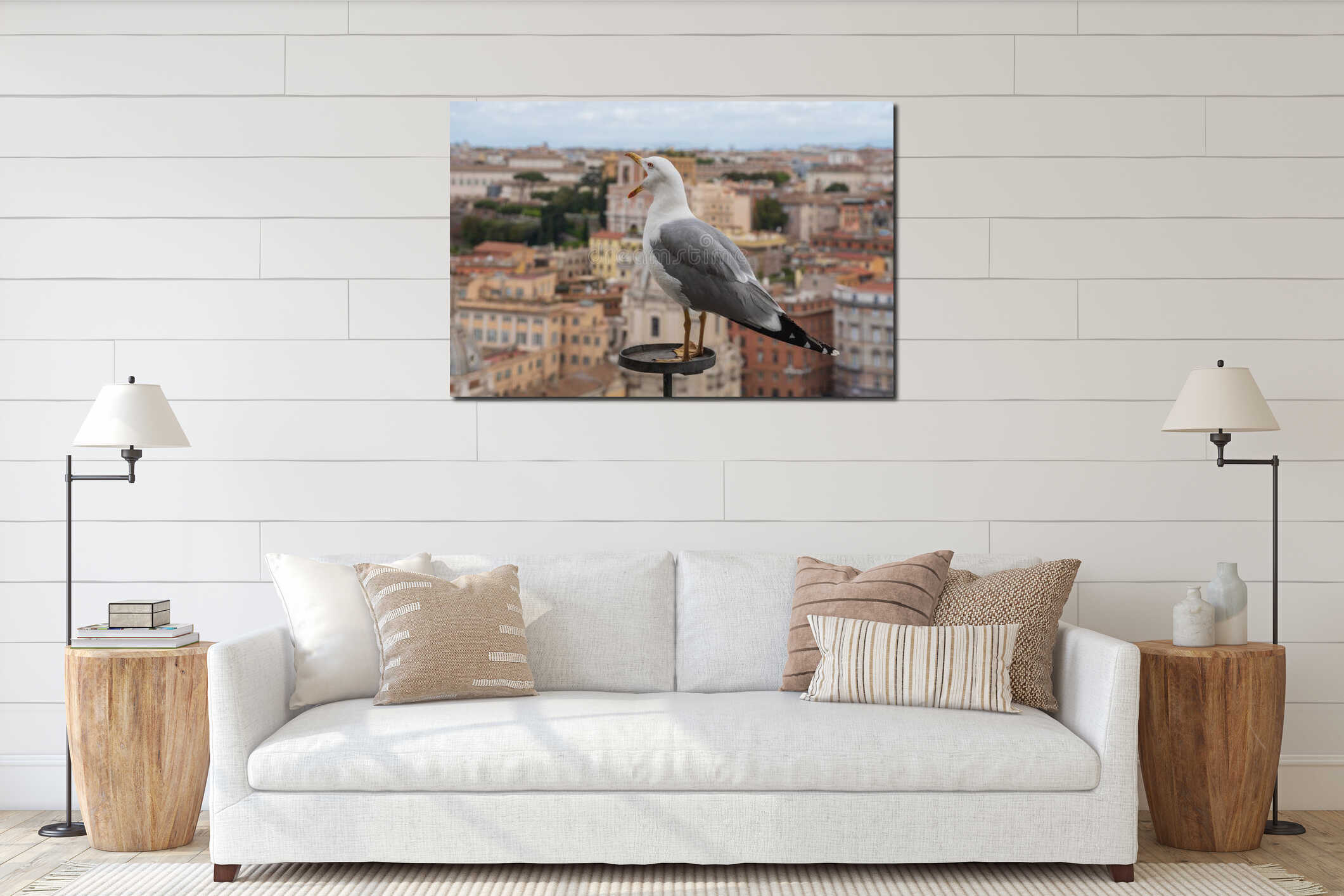 Seagull and rooftops of Rome interior mockup