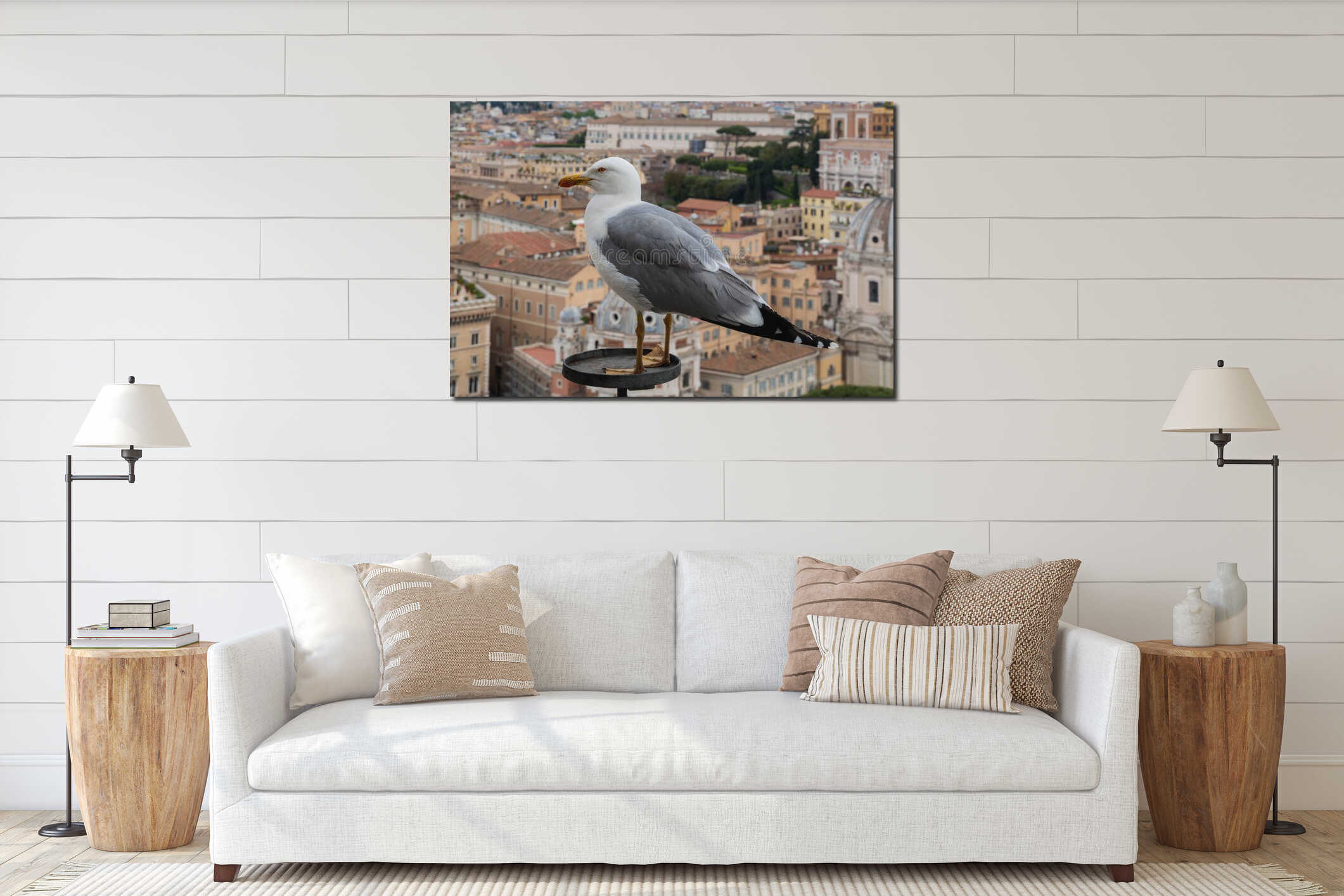 Seagull and rooftops of Rome interior mockup