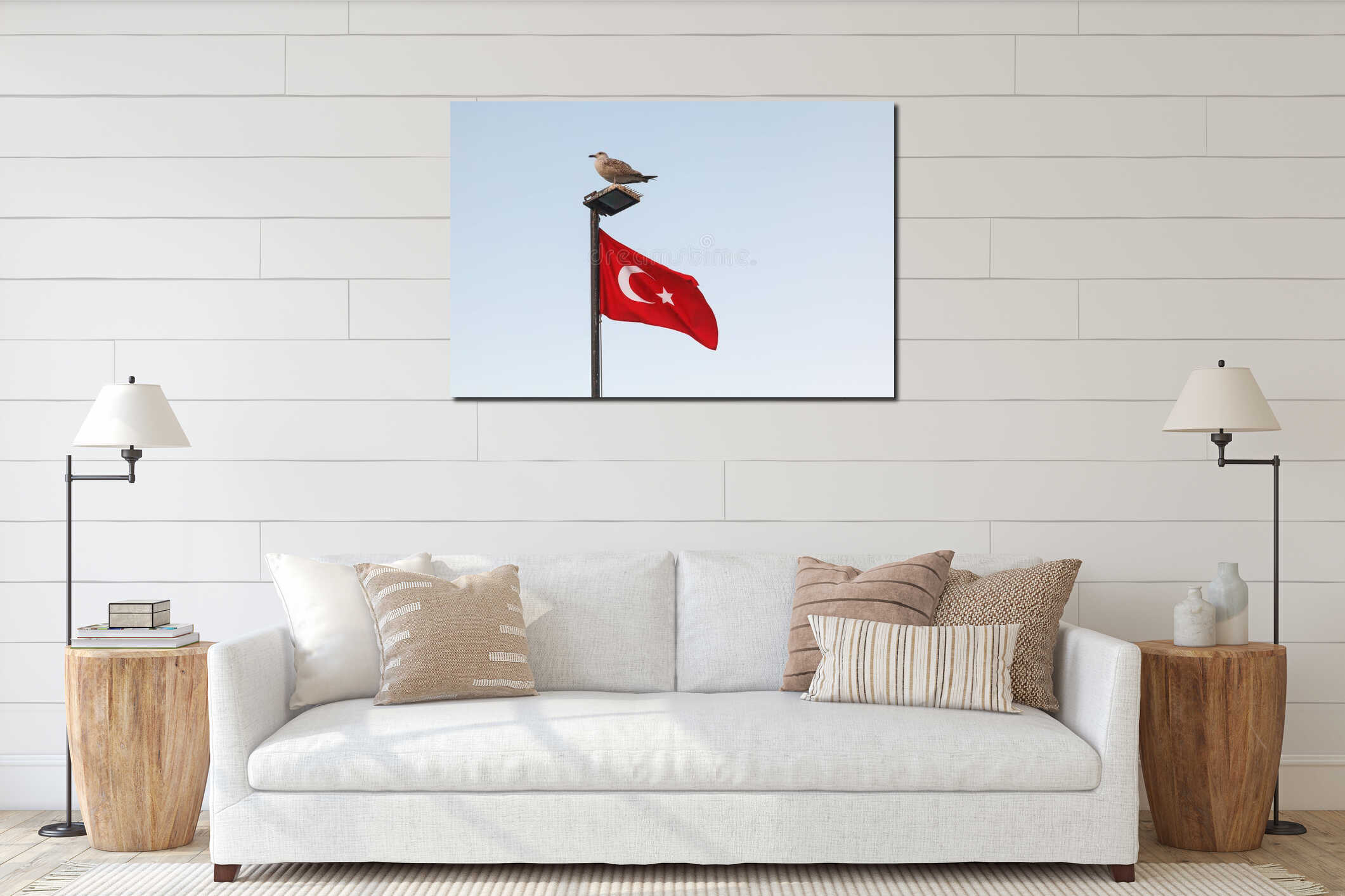 A seagull sits on a flagpole with a red Turkish flag interior mockup