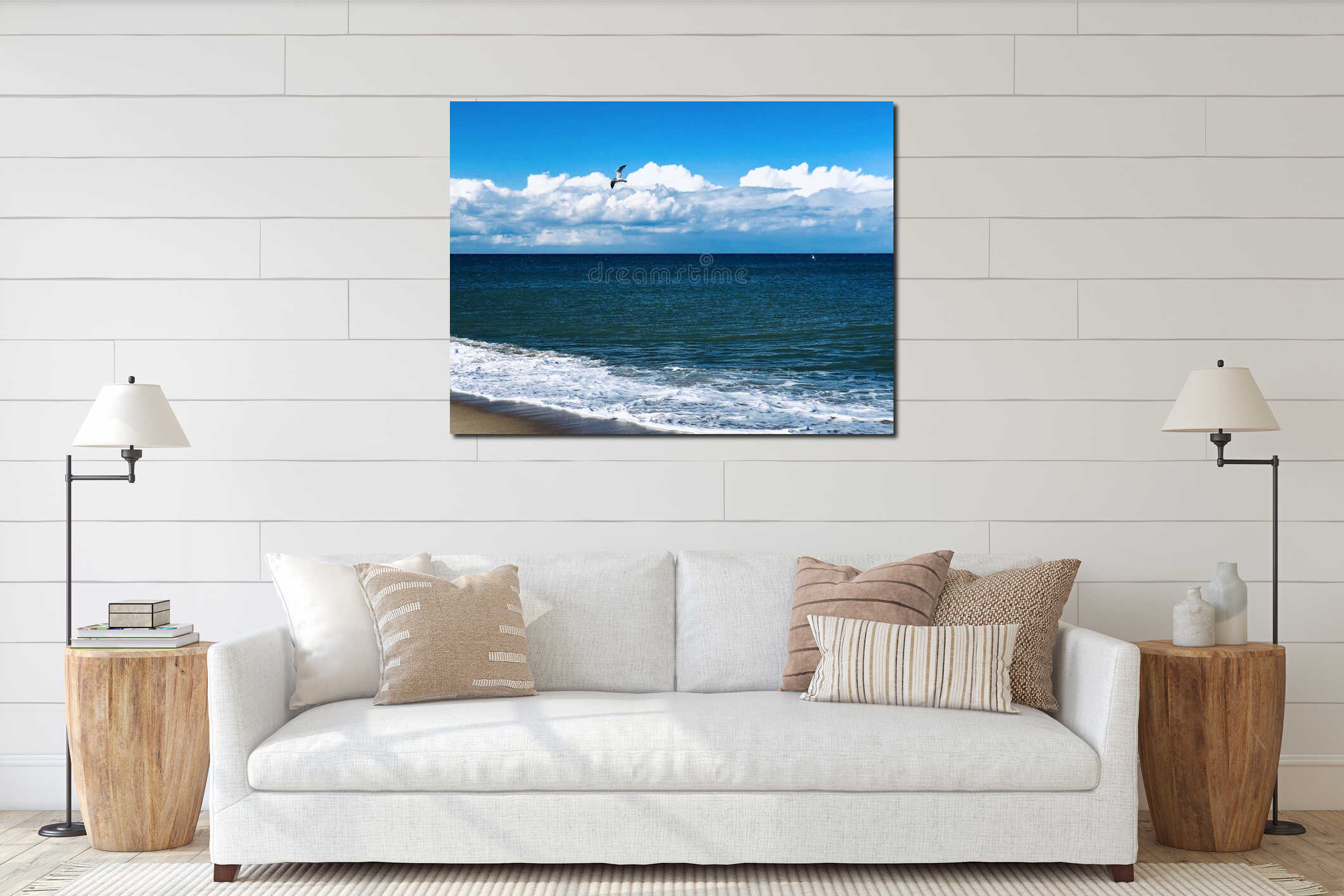Seagull flying above Race Point Beach interior mockup