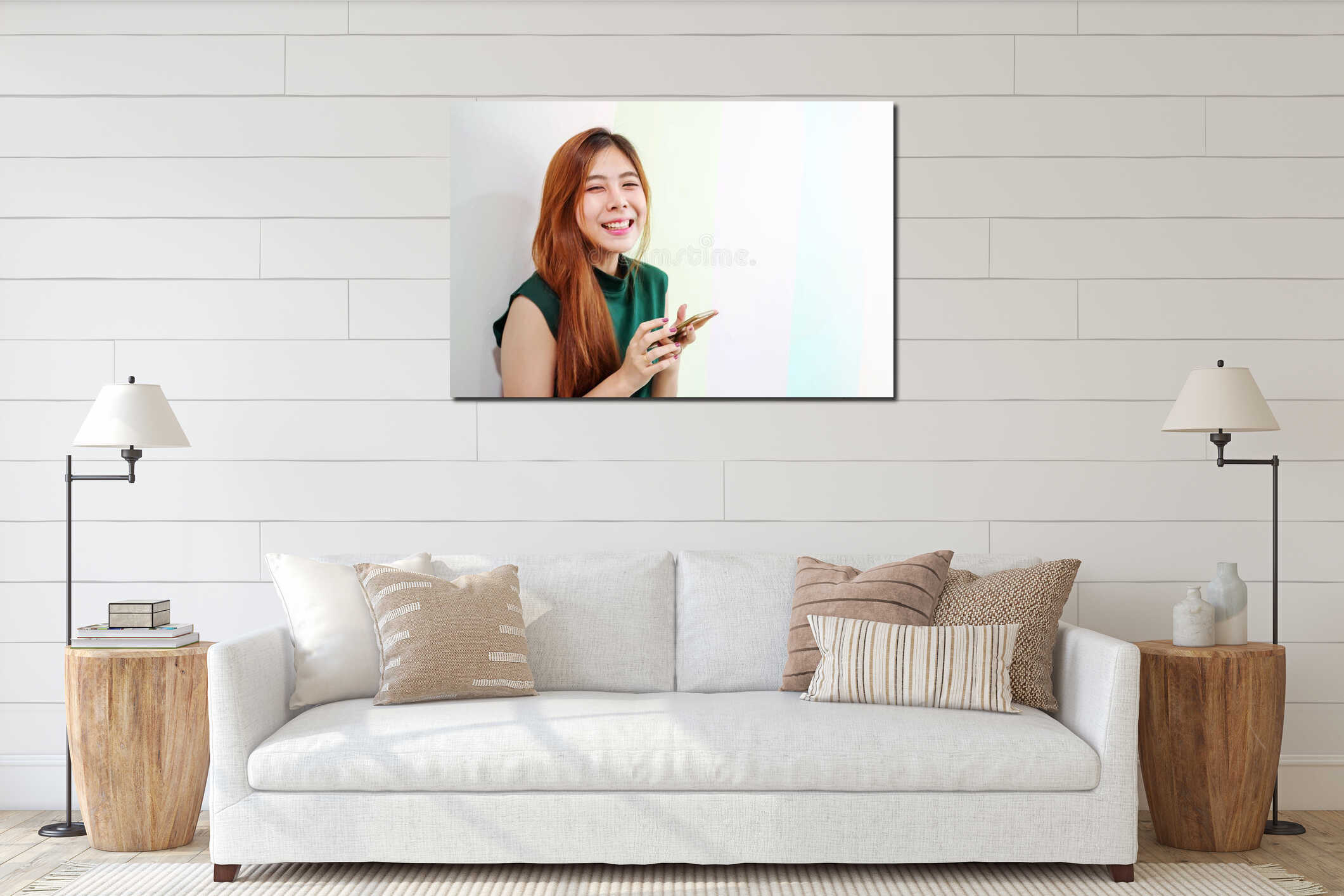 Portrait of Young Happy Woman, Looking at camera with Charming Smile while using a Smart Phone interior mockup