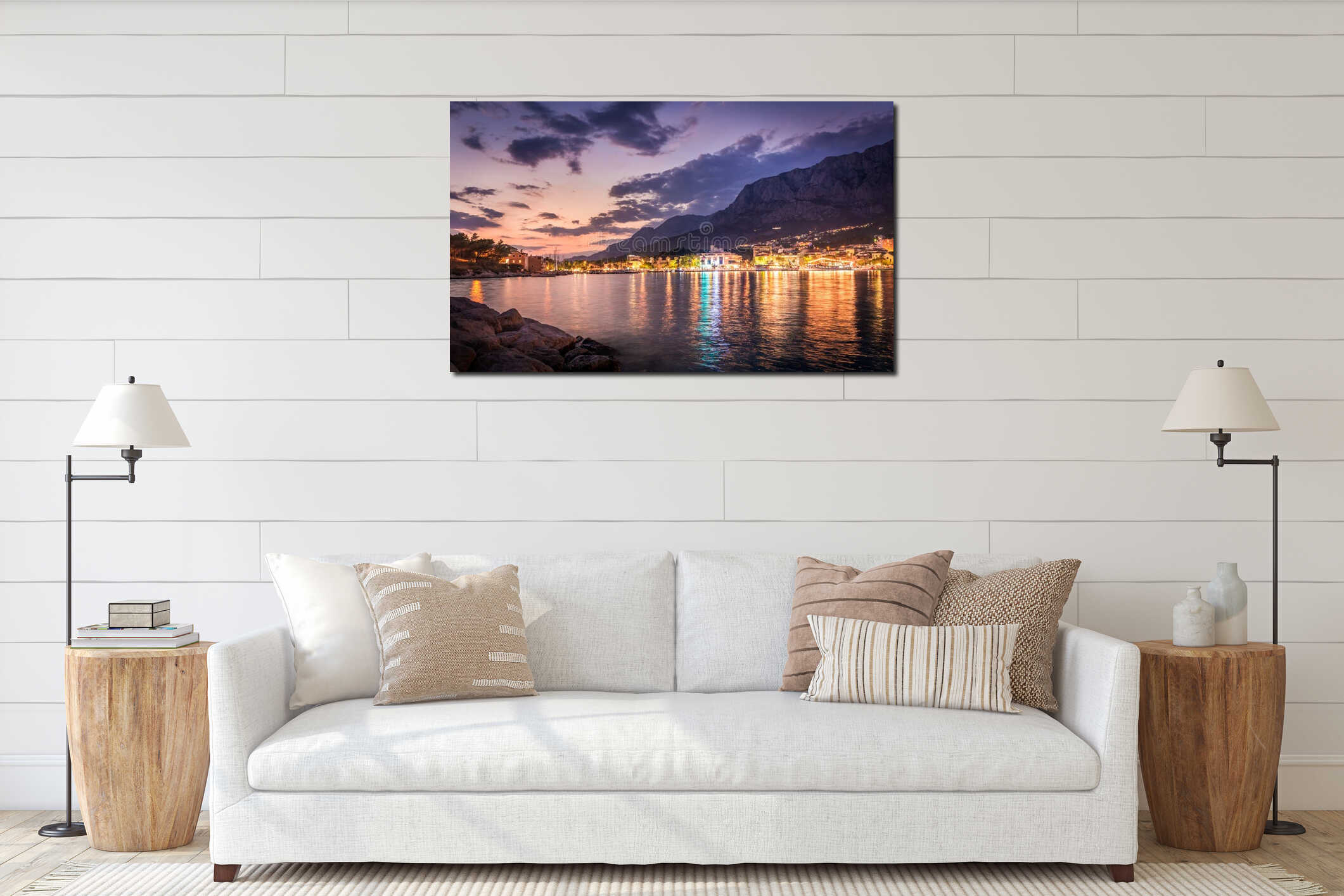 Amazing purple sky in Makarska, Croatia interior mockup