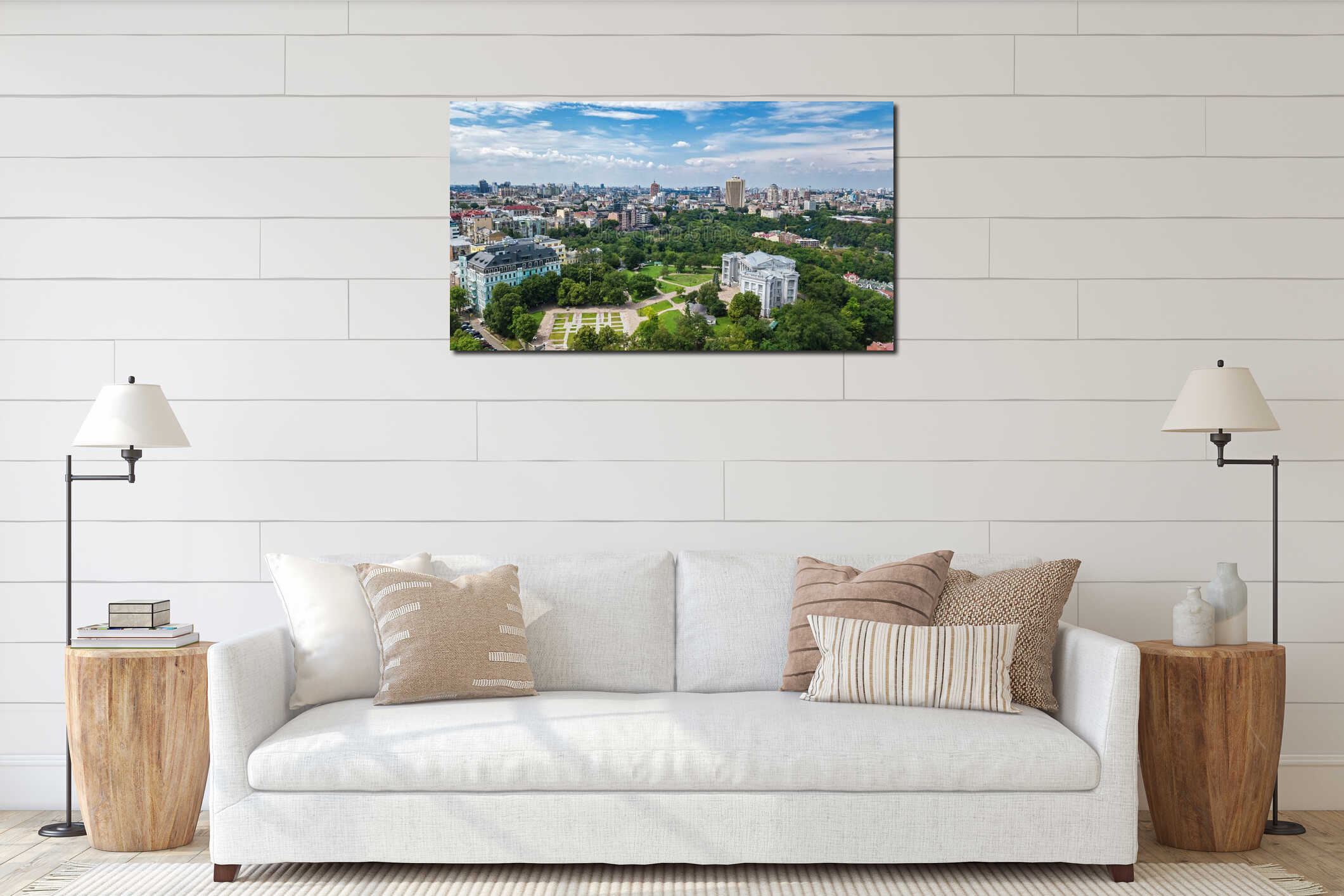 Aerial drone view of Kyiv cityscape, Podol historical district skyline from above, city of Kiev, Ukraine interior mockup