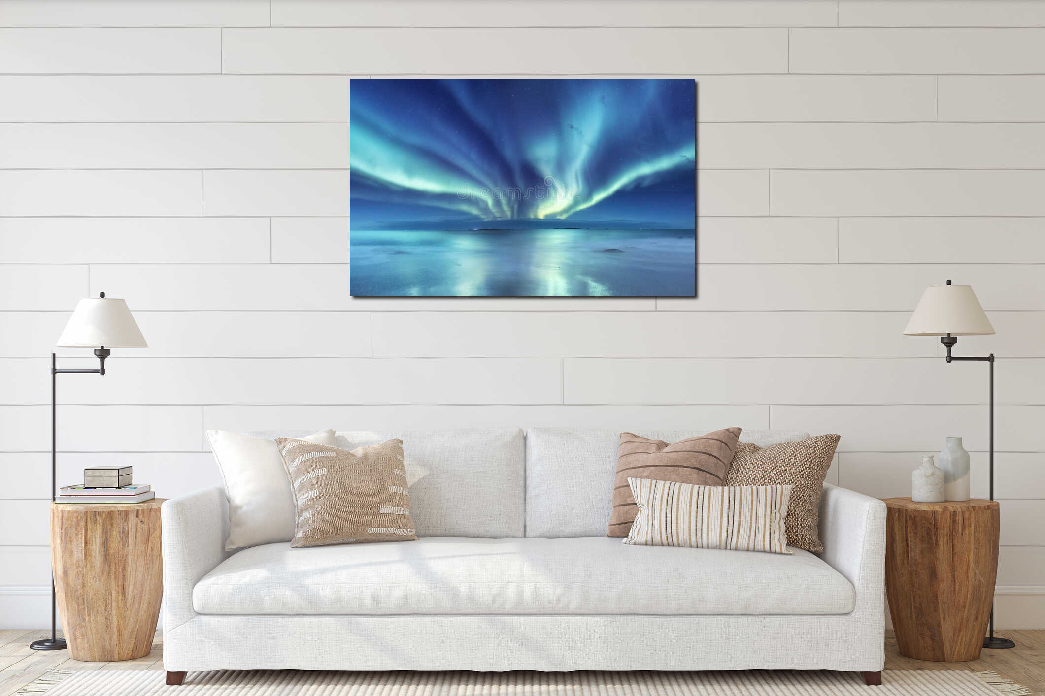 Aurora borealis on the Lofoten islands, Norway. Green northern lights above mountains. Night sky with polar lights. Night winter l interior mockup