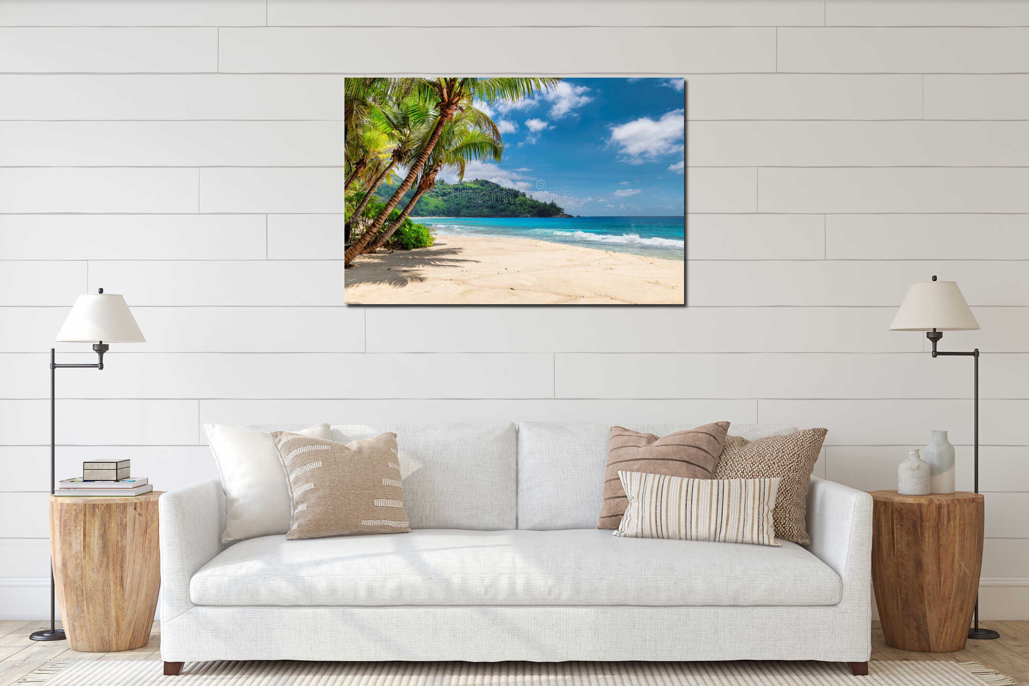 Palms and tropical beach with white sand. interior mockup
