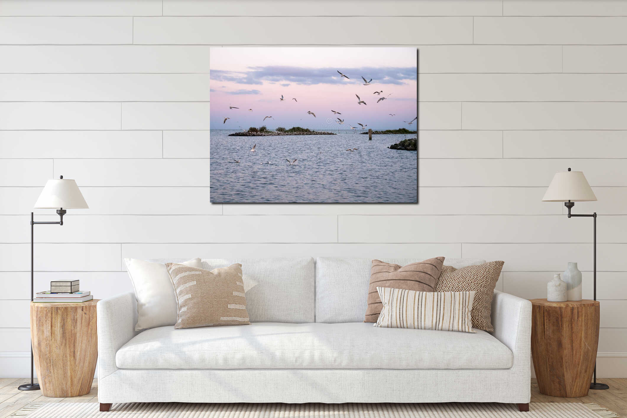 Group of black-headed gulls flying over breakwater of artificial island De Kreupel in IJsselmeer, Netherlands interior mockup