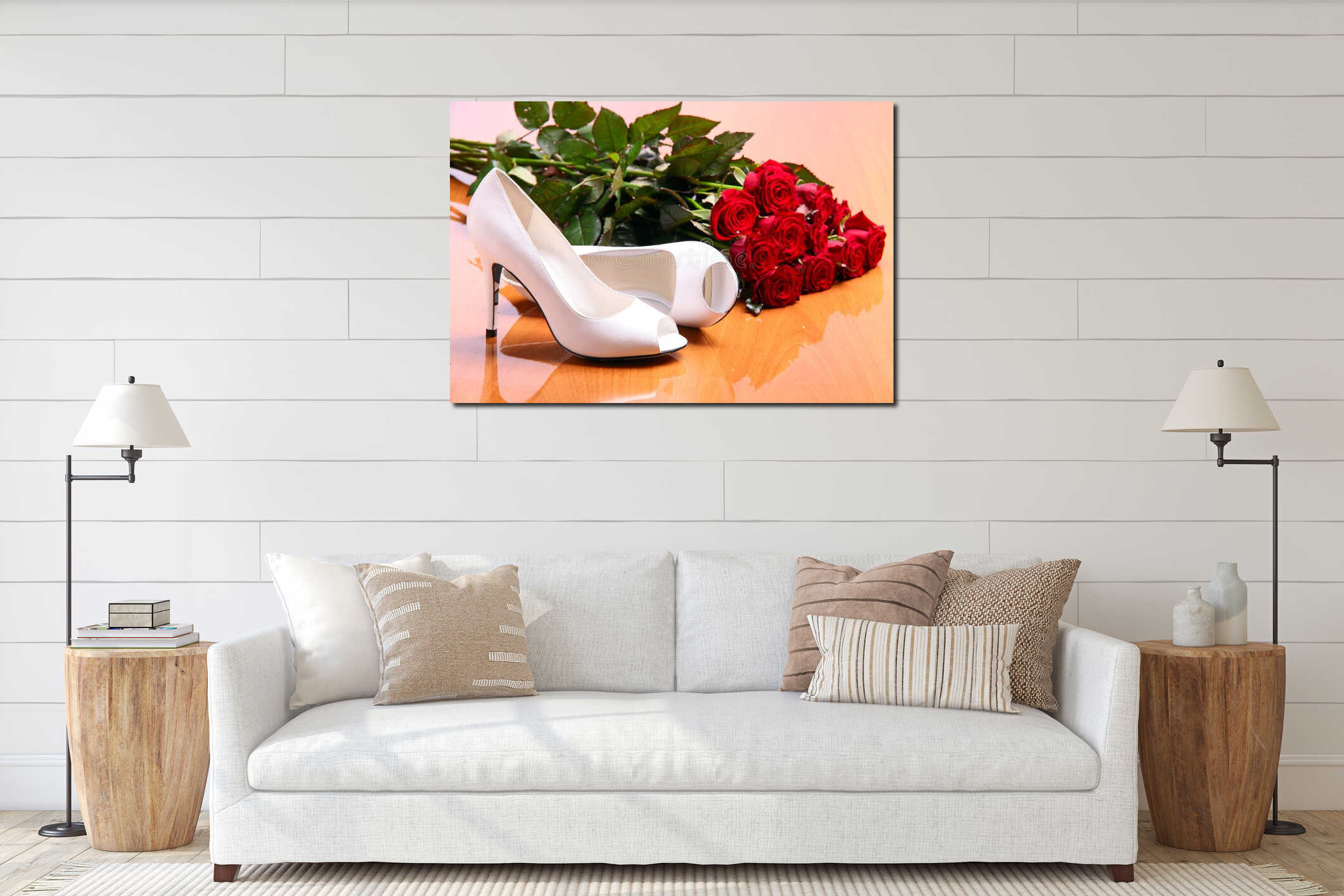 Pair of white female shoes and bunch of red roses interior mockup