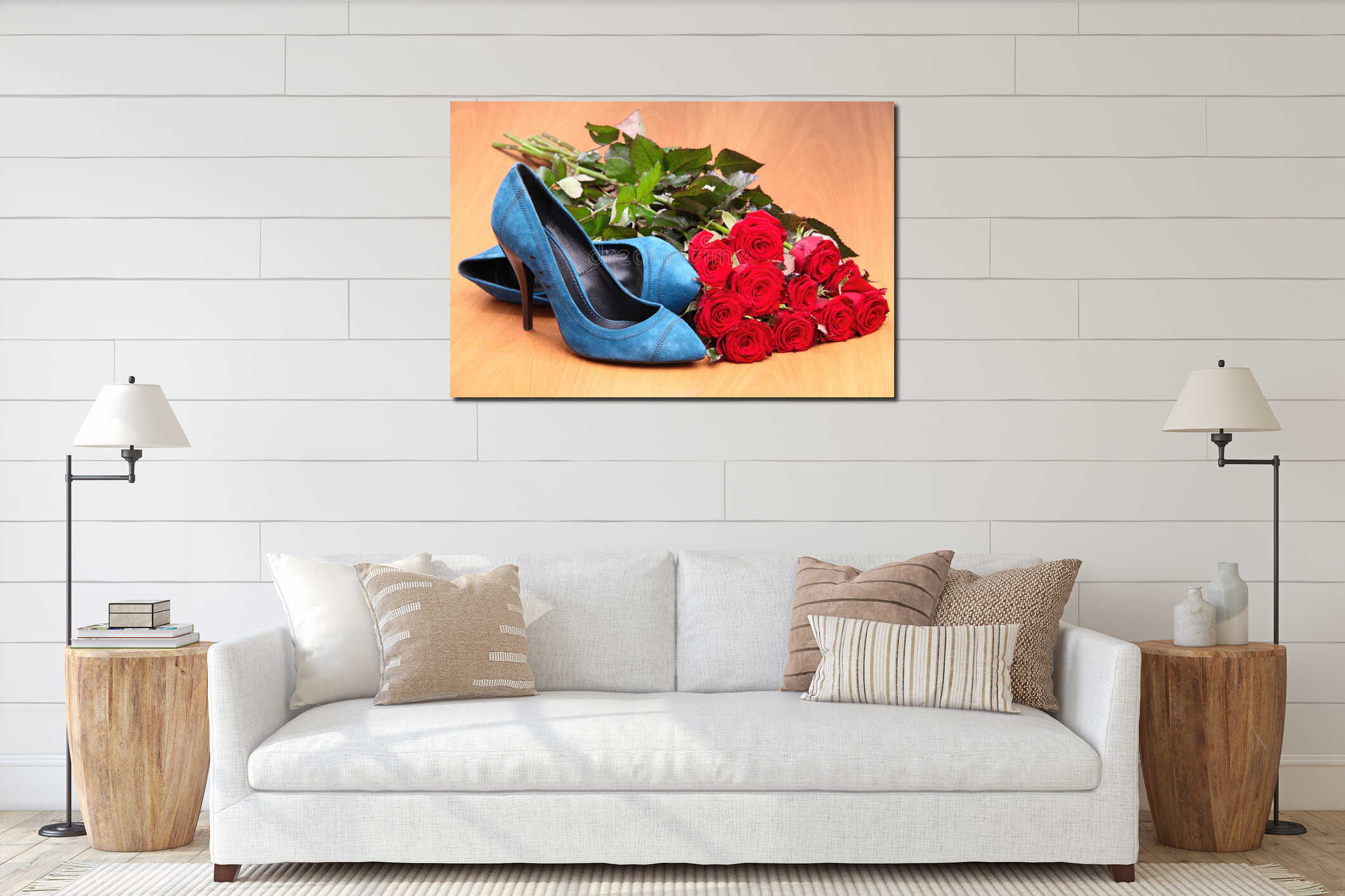 Pair of blue female shoes and bunch of red roses interior mockup