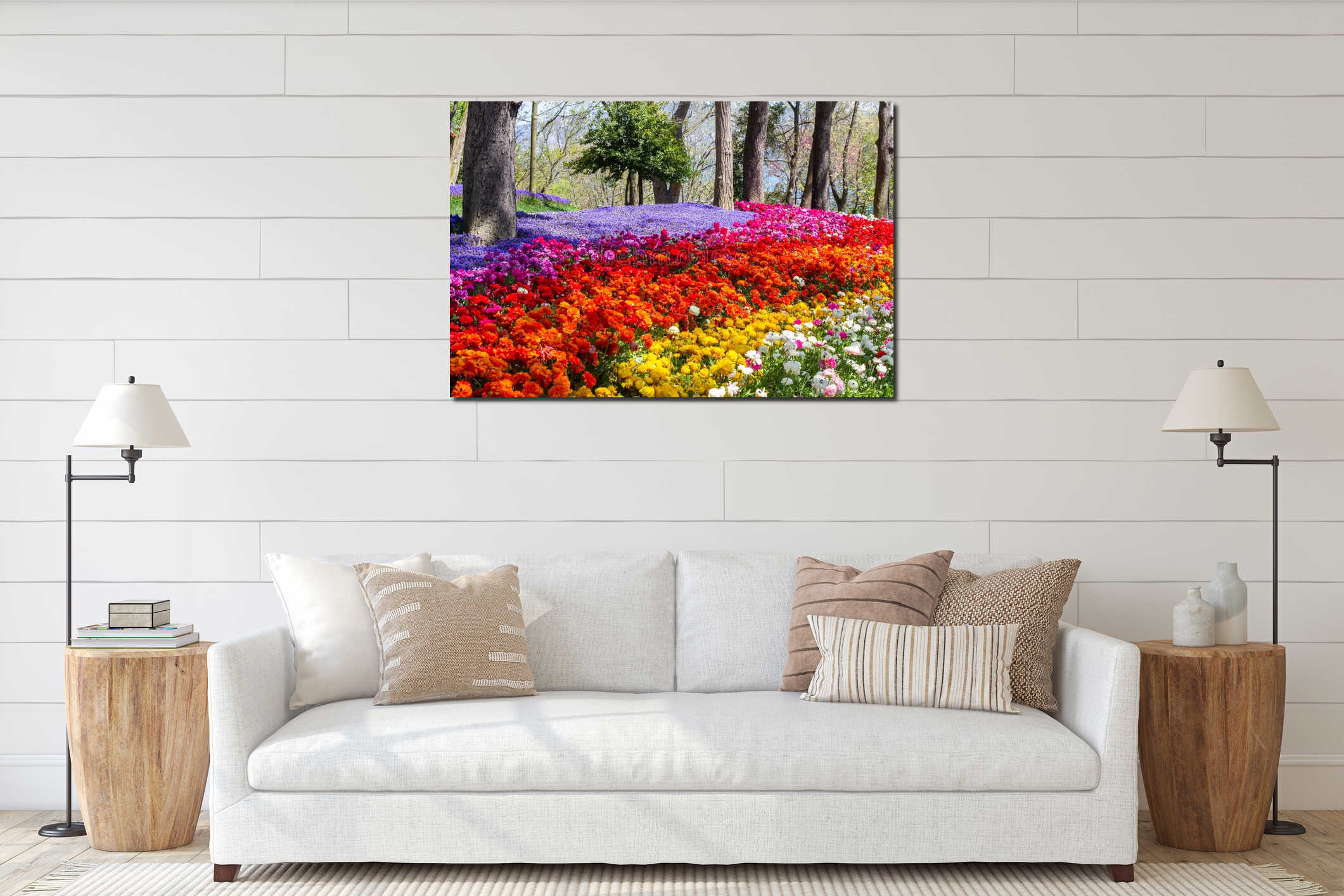 Multicolored flowers in Emirgan Park at the Tulip Festival in Istanbul, a bright colorful spring background interior mockup