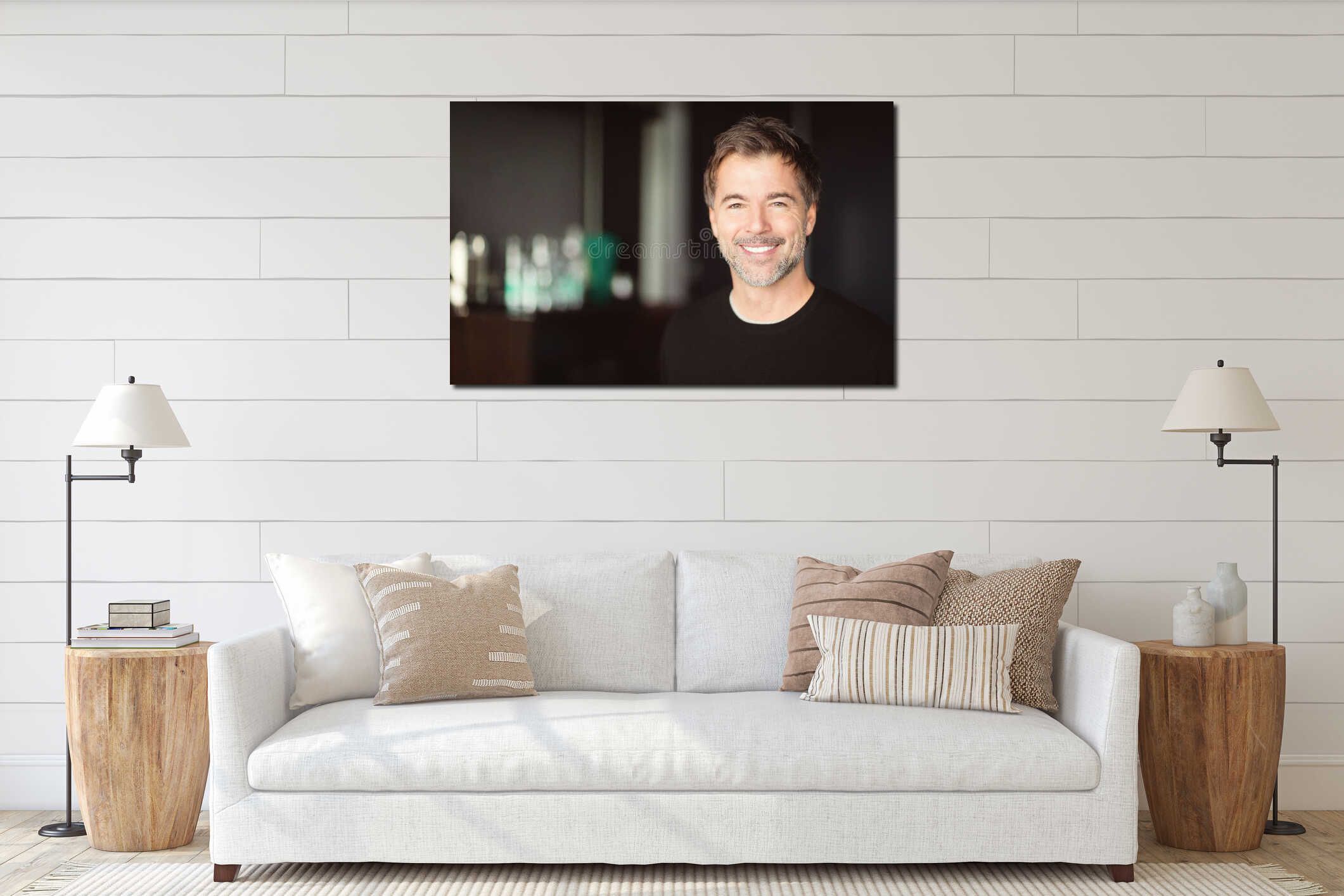 Smiling middle aged man interior mockup
