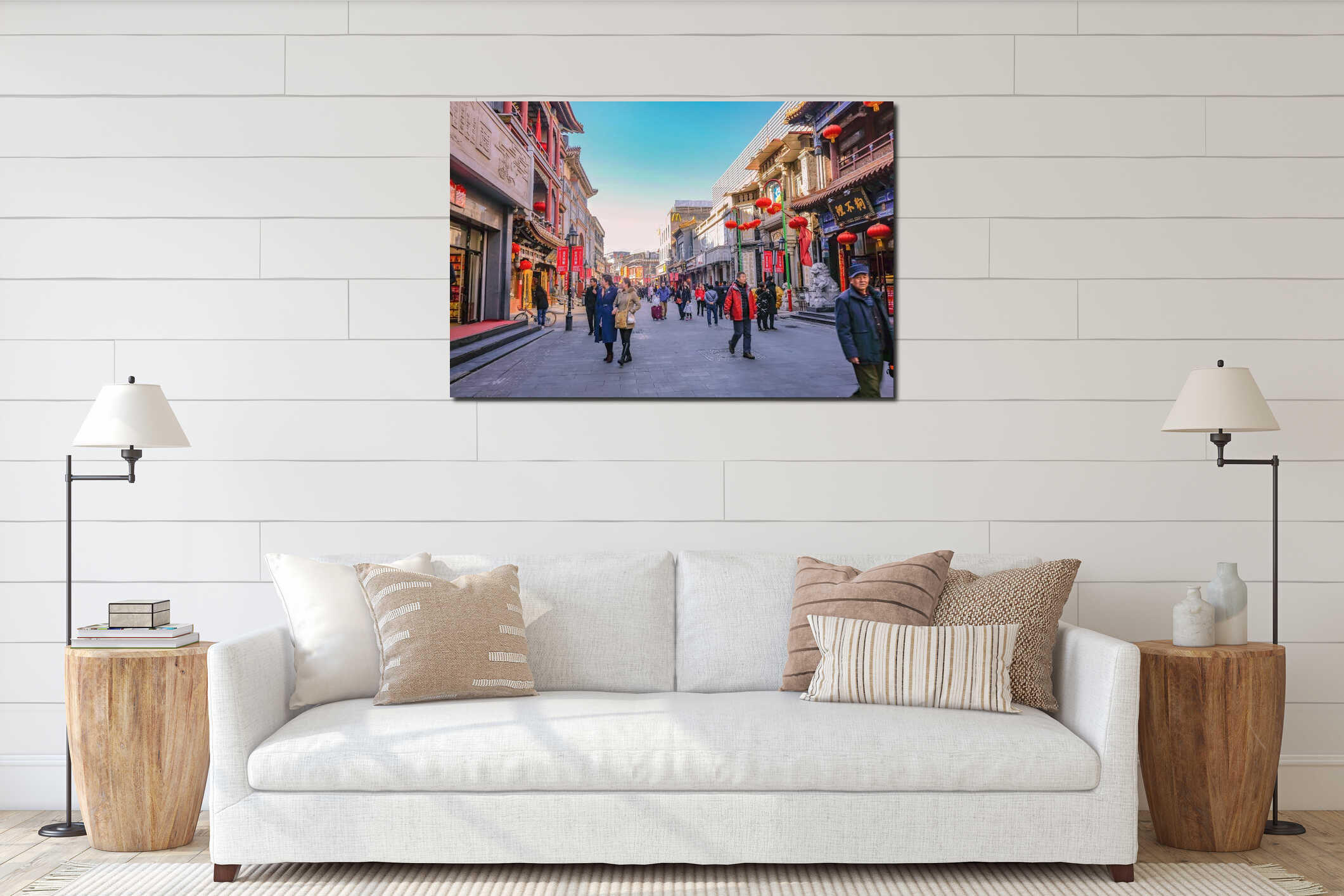 Unacquainted Chinese people or tourist walking in Qianmen street The famous street in beijing Capital City of china interior mockup