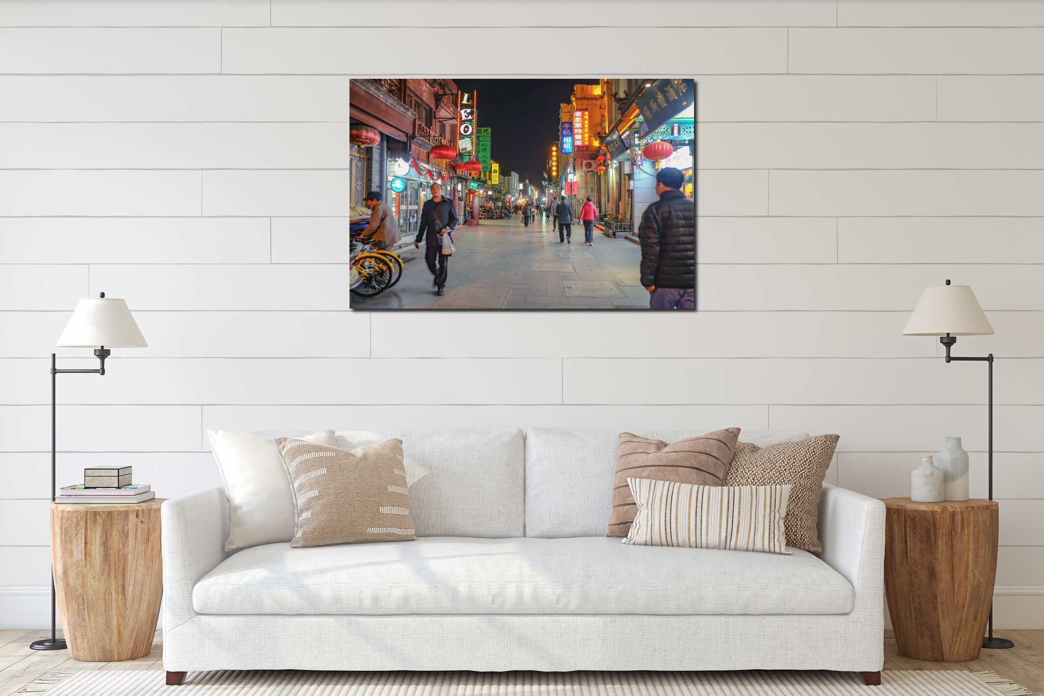 Unacquainted Chinese people or tourist walking in evening time at Qianmen street The famous street in beijing Capital City of chin interior mockup