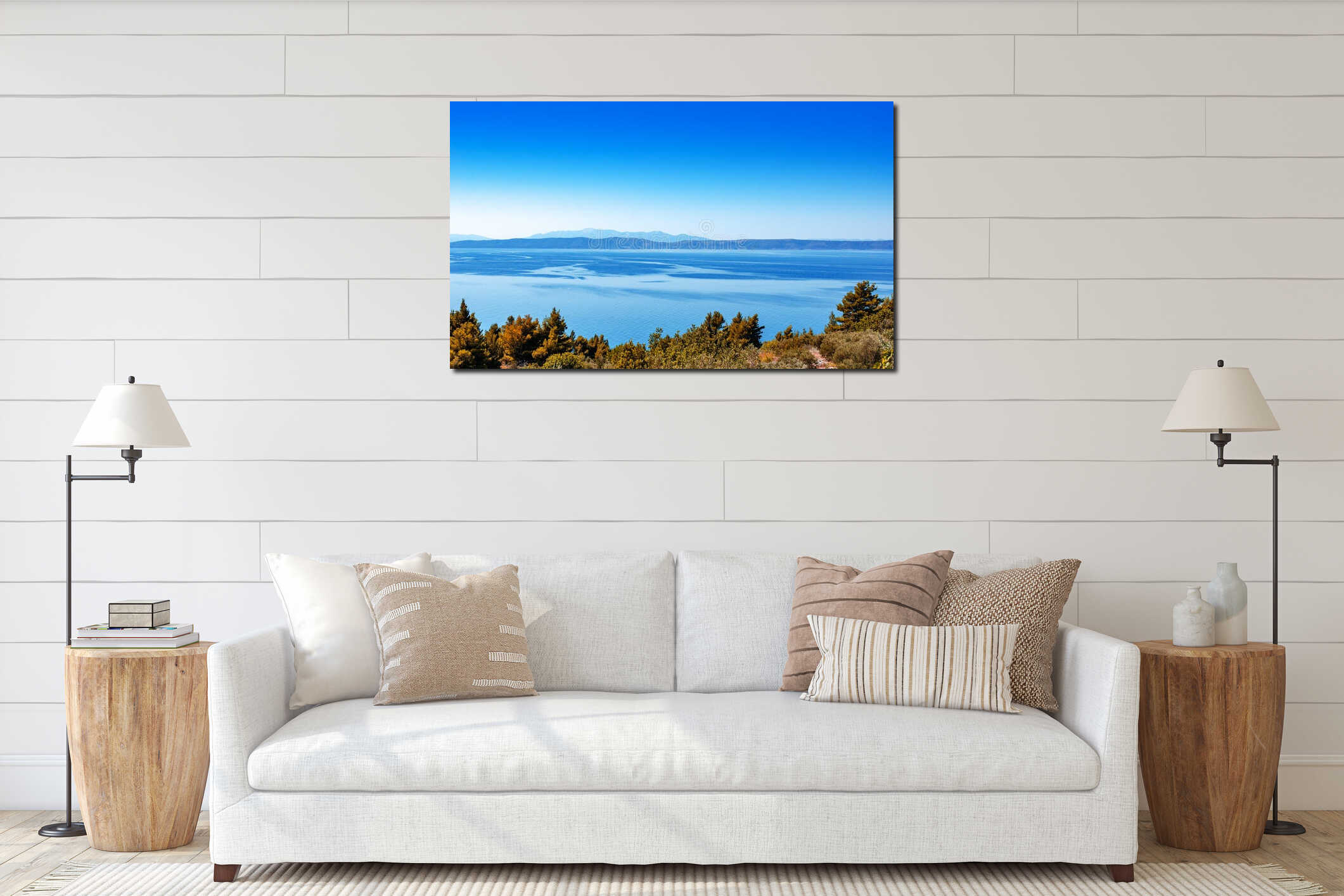 Coastal landscape. Sea coast with islands looming on the horizon. interior mockup
