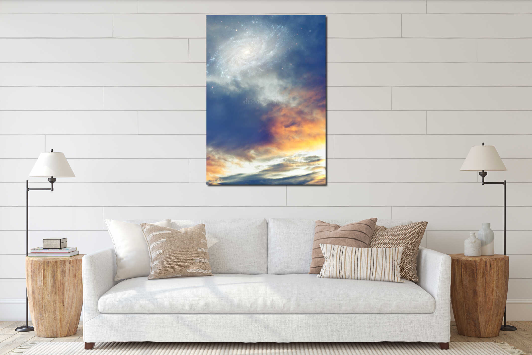 Sunset sunrise cloudy sky with galaxy and stars like fantasy, magic, religious, divine background interior mockup