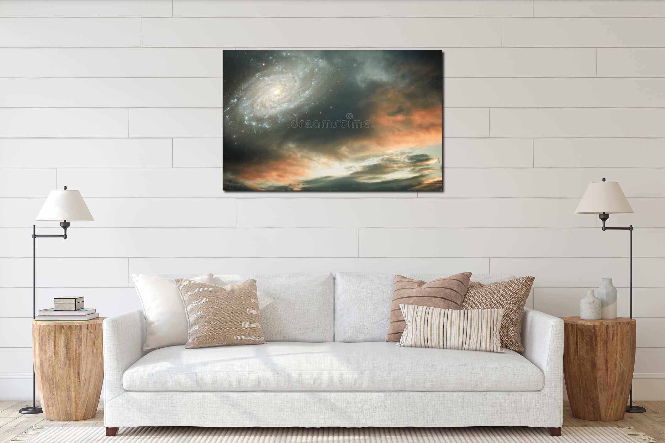 Sunset sunrise cloudy sky with galaxy and stars like fantasy, magic, religious, divine background interior mockup
