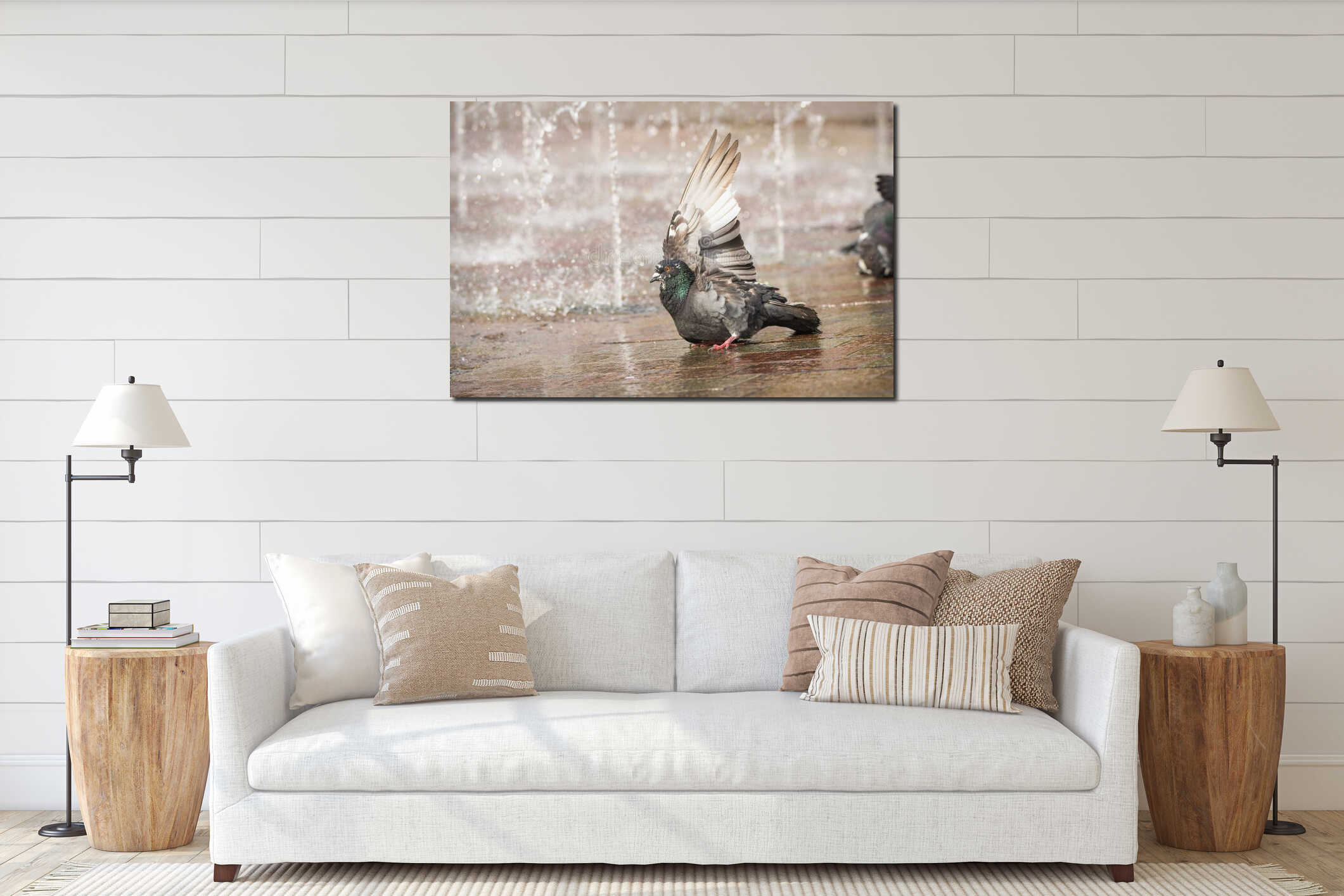 Pigeon bathing in a sidewalk fountain display in a square in Amsterdam, the Netherlands interior mockup