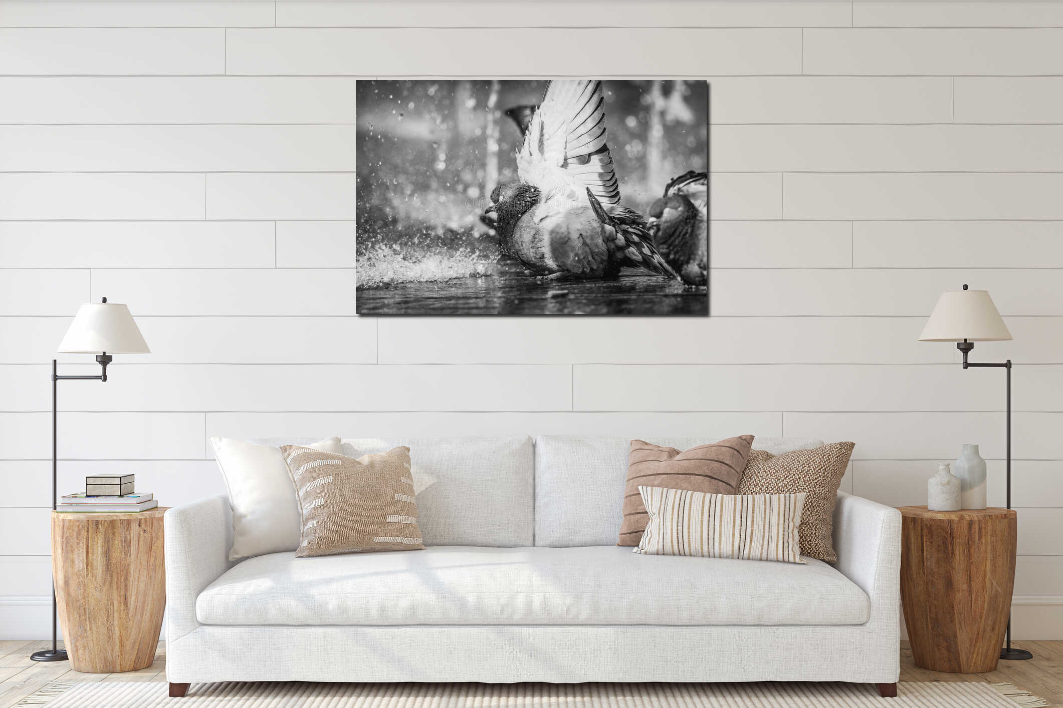 Black and white photo of a pigeon bathing in a sidewalk fountain display in a square in Amsterdam, the Netherlands interior mockup