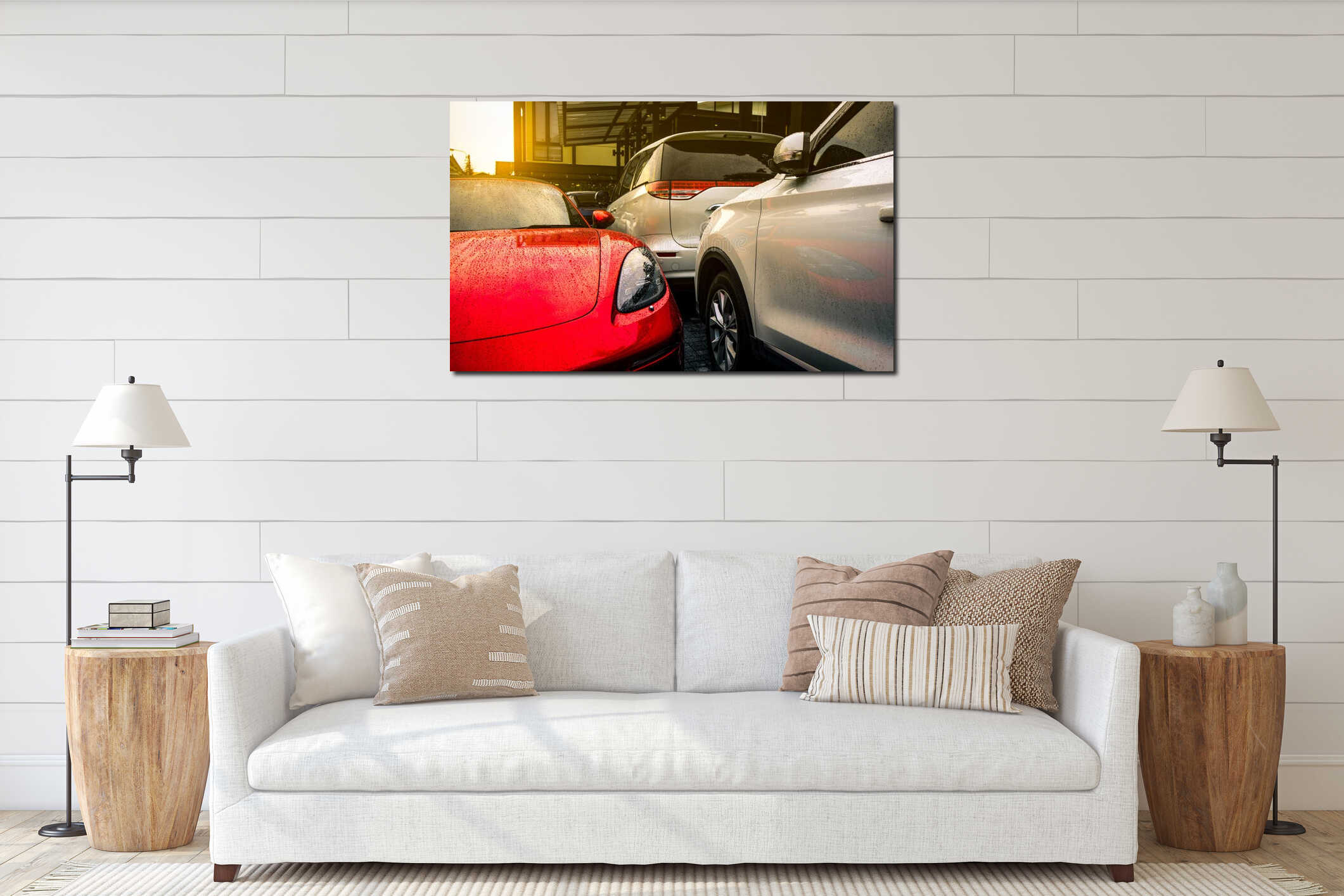 Red and silver car parked on outdoor concrete parking lot of the hotel, home, or apartment. Electric or hybrid car technology. interior mockup