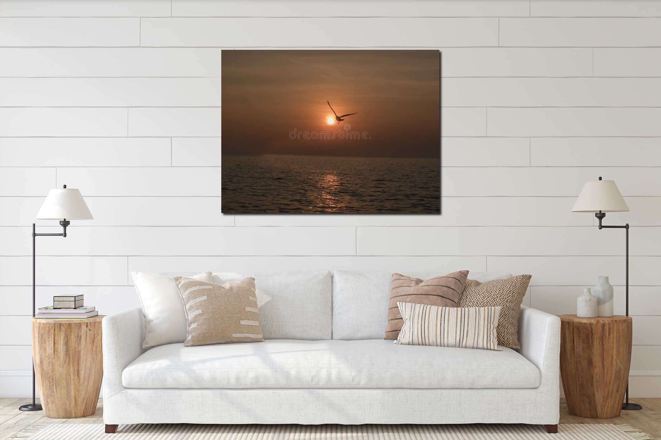 Sunset seagull silhouette on sunset water sky horizon landscape. Sunset seagull silhouette water scene. Sunset seagull in sky view interior mockup