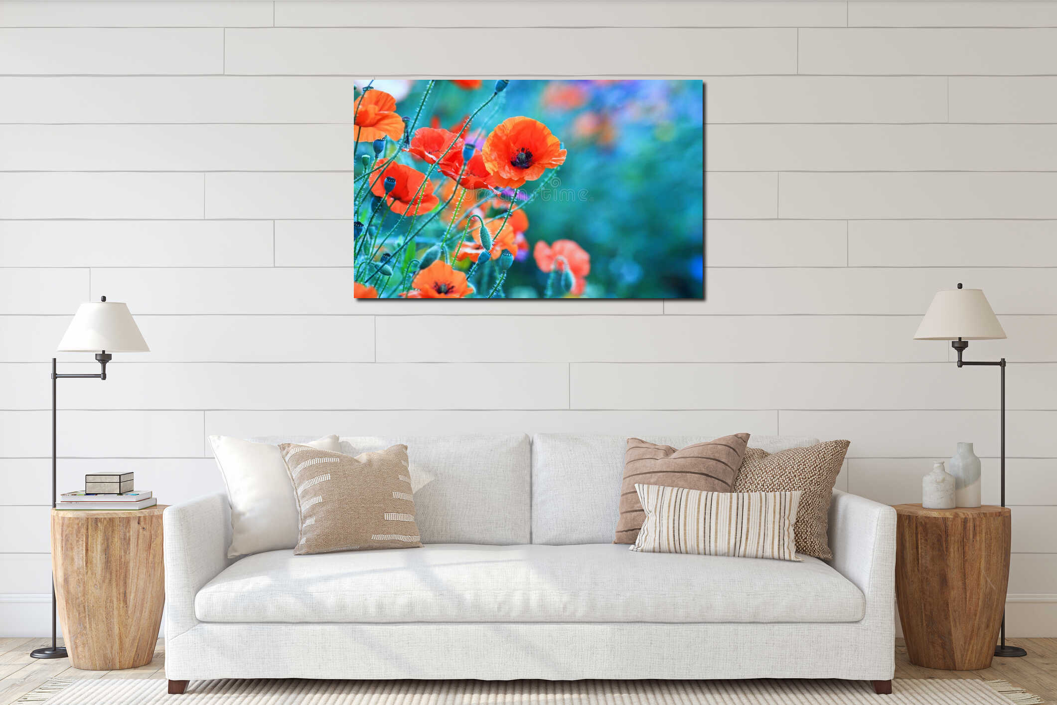 Bright scarlet poppy flowers bloomed on summer field in warm soft day interior mockup
